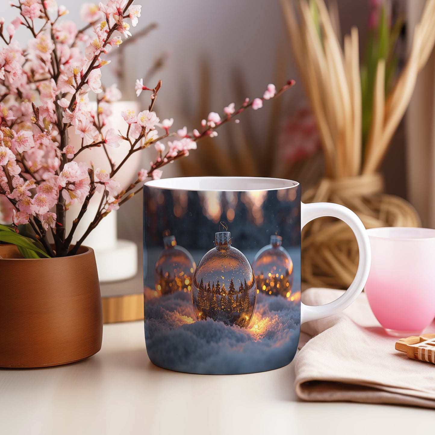 Hrnek s vánočním motivem – třpytivé koule na sněhu