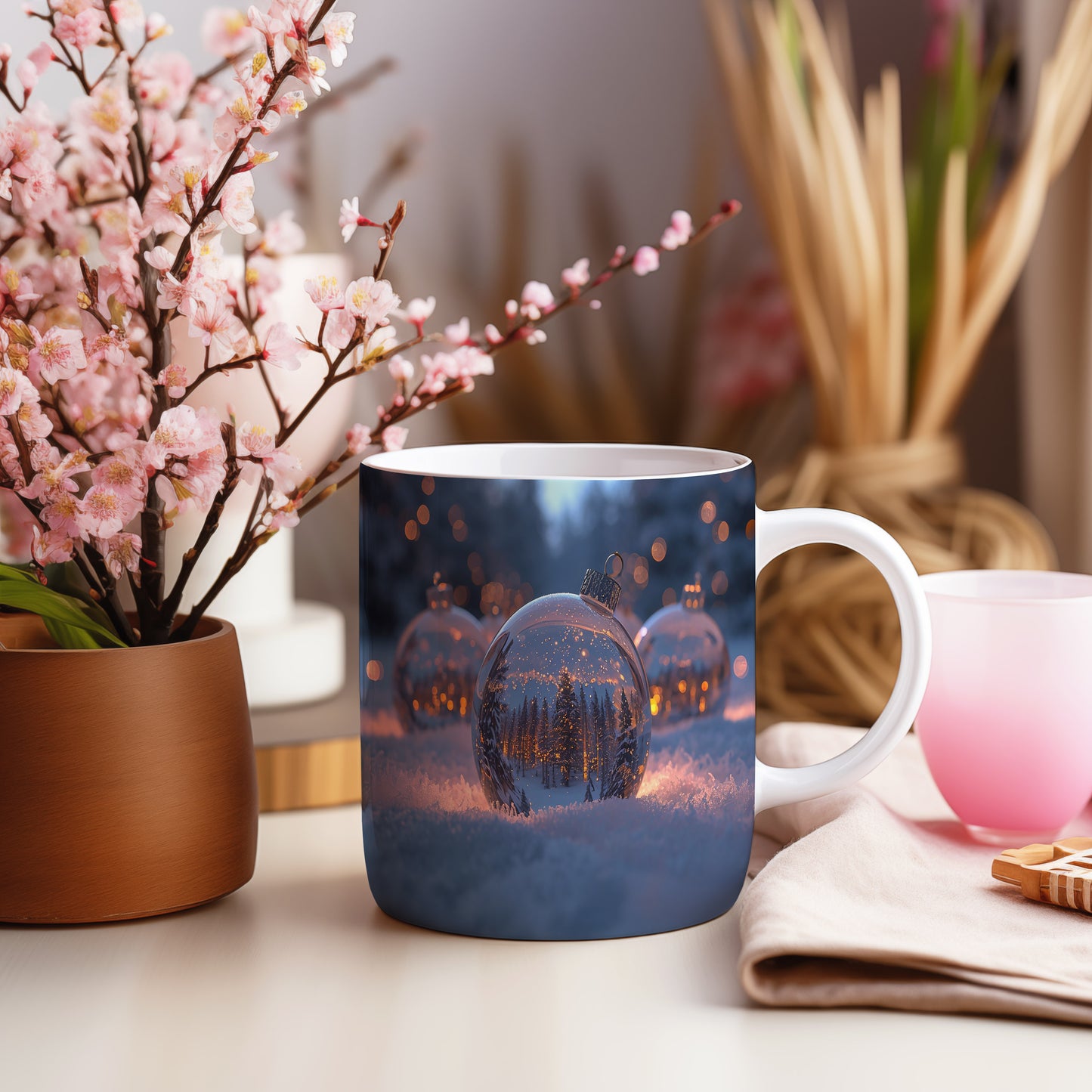 Hrnek s vánočním motivem – les v kouli