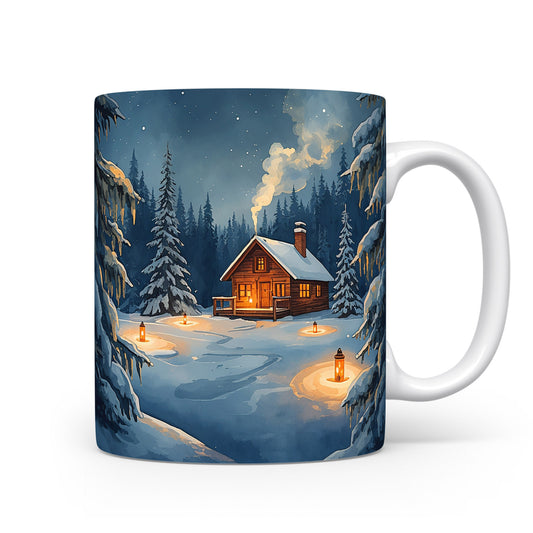 Zimní les s chaloupkou na hrnku.