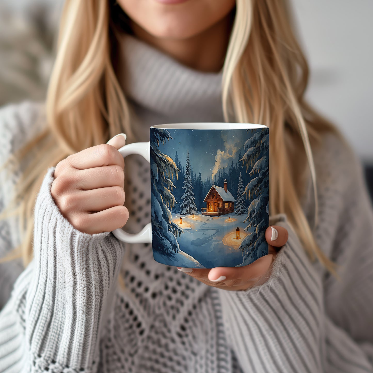 Hrnek s vánočním motivem – zimní les s chaloupkou