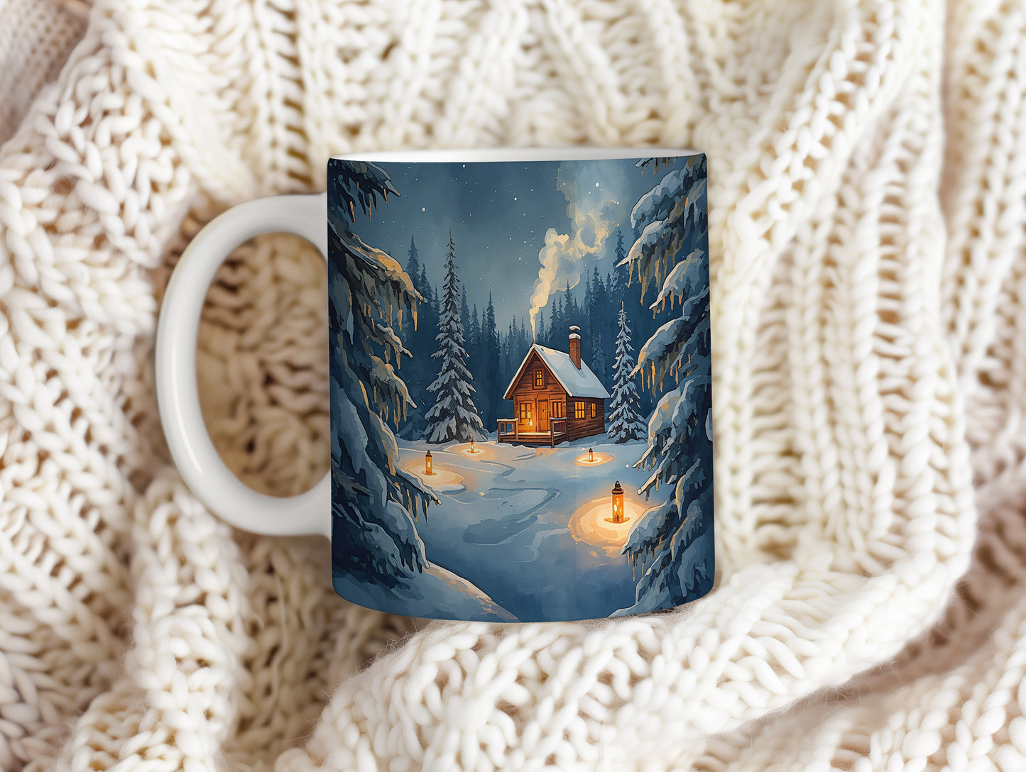 Hrnek s vánočním motivem – zimní les s chaloupkou