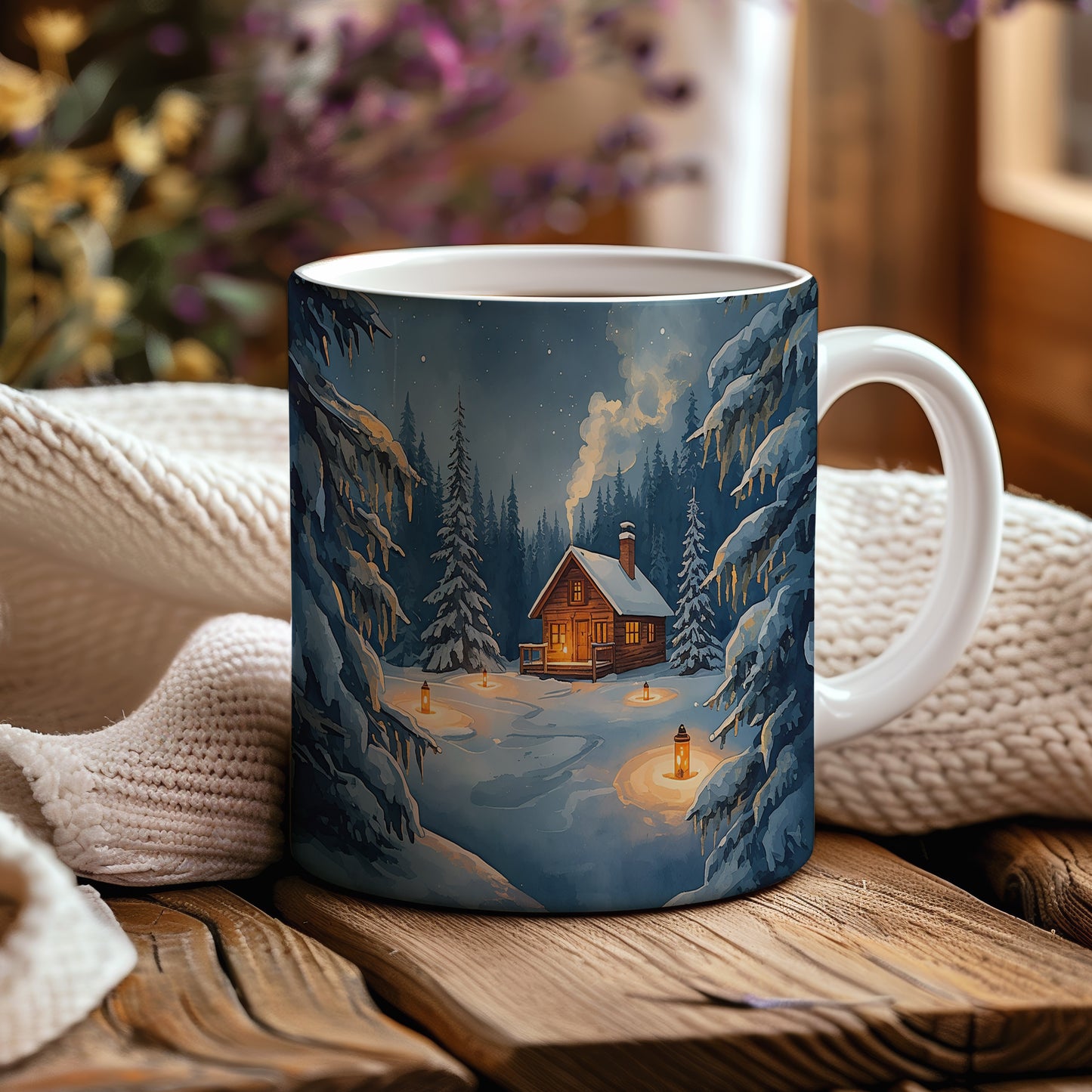 Hrnek s vánočním motivem – zimní les s chaloupkou