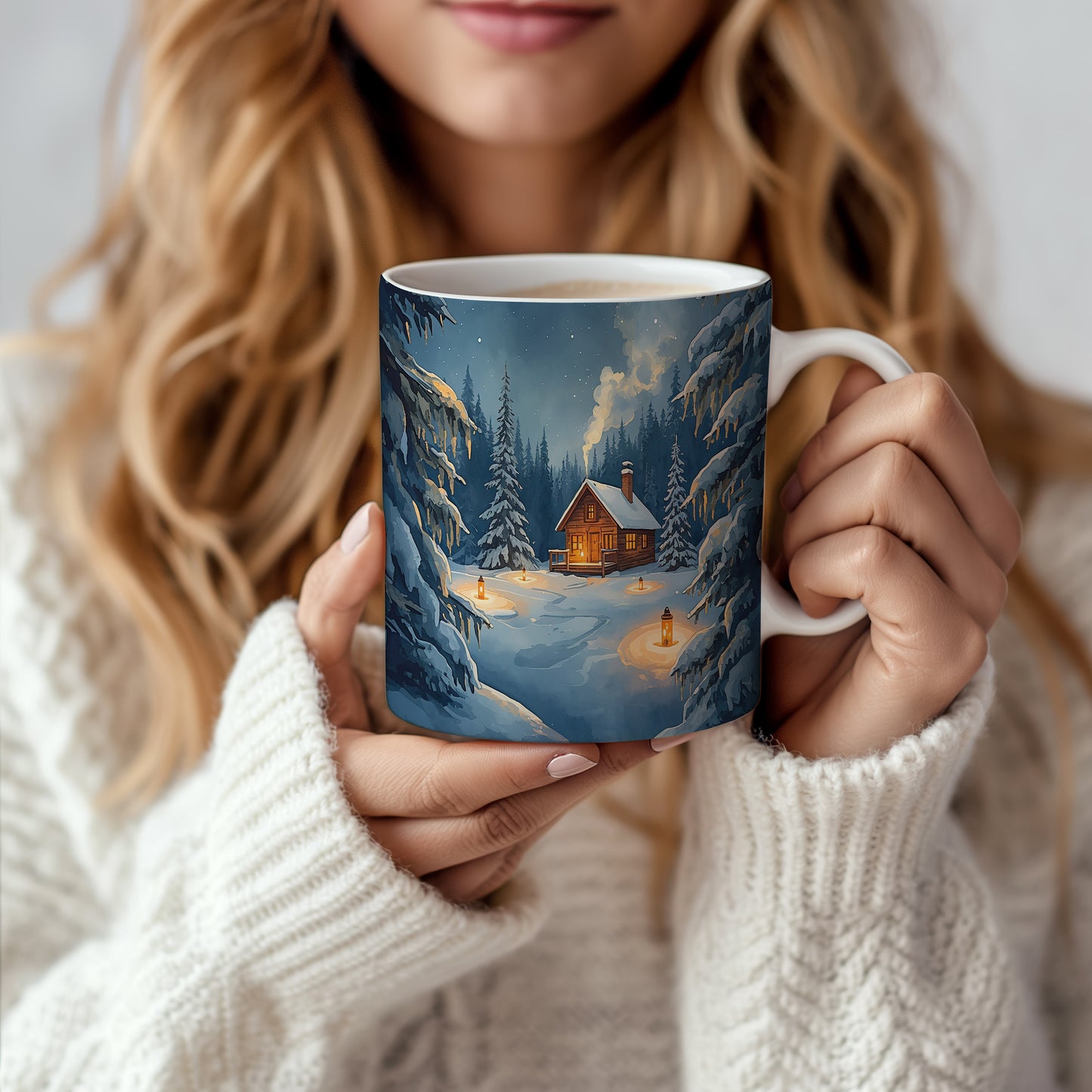 Hrnek s vánočním motivem – zimní les s chaloupkou