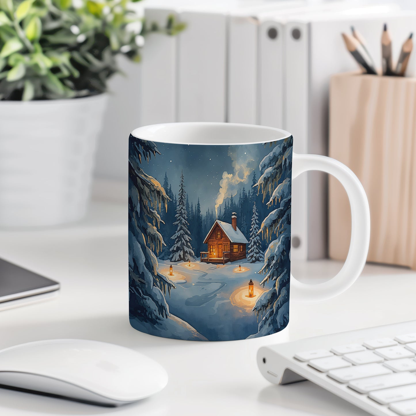 Hrnek s vánočním motivem – zimní les s chaloupkou