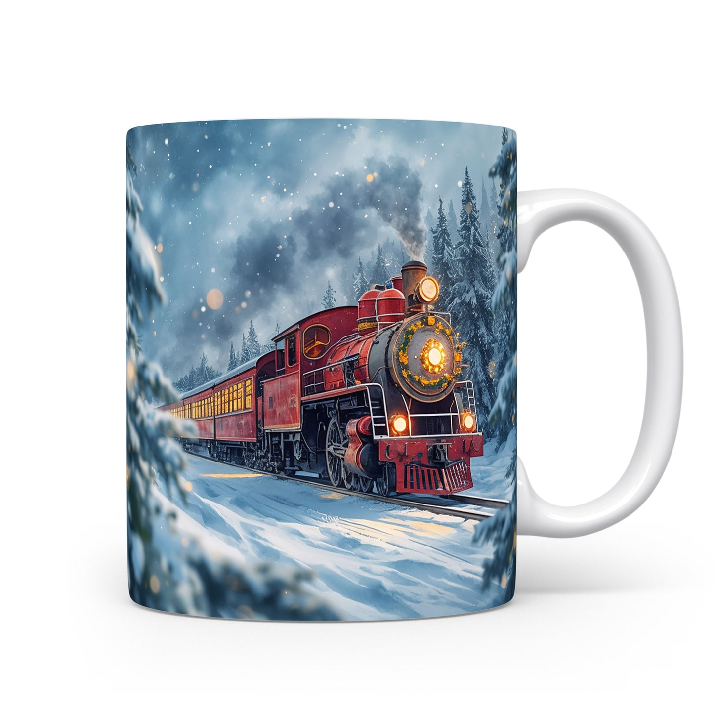 Hrnek s červenou lokomotivou ve sněhu.