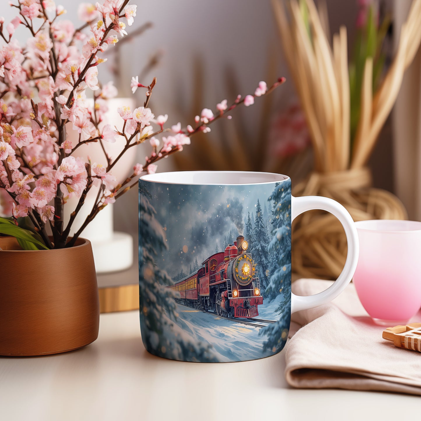 Hrnek s vánočním motivem – červená lokomotiva