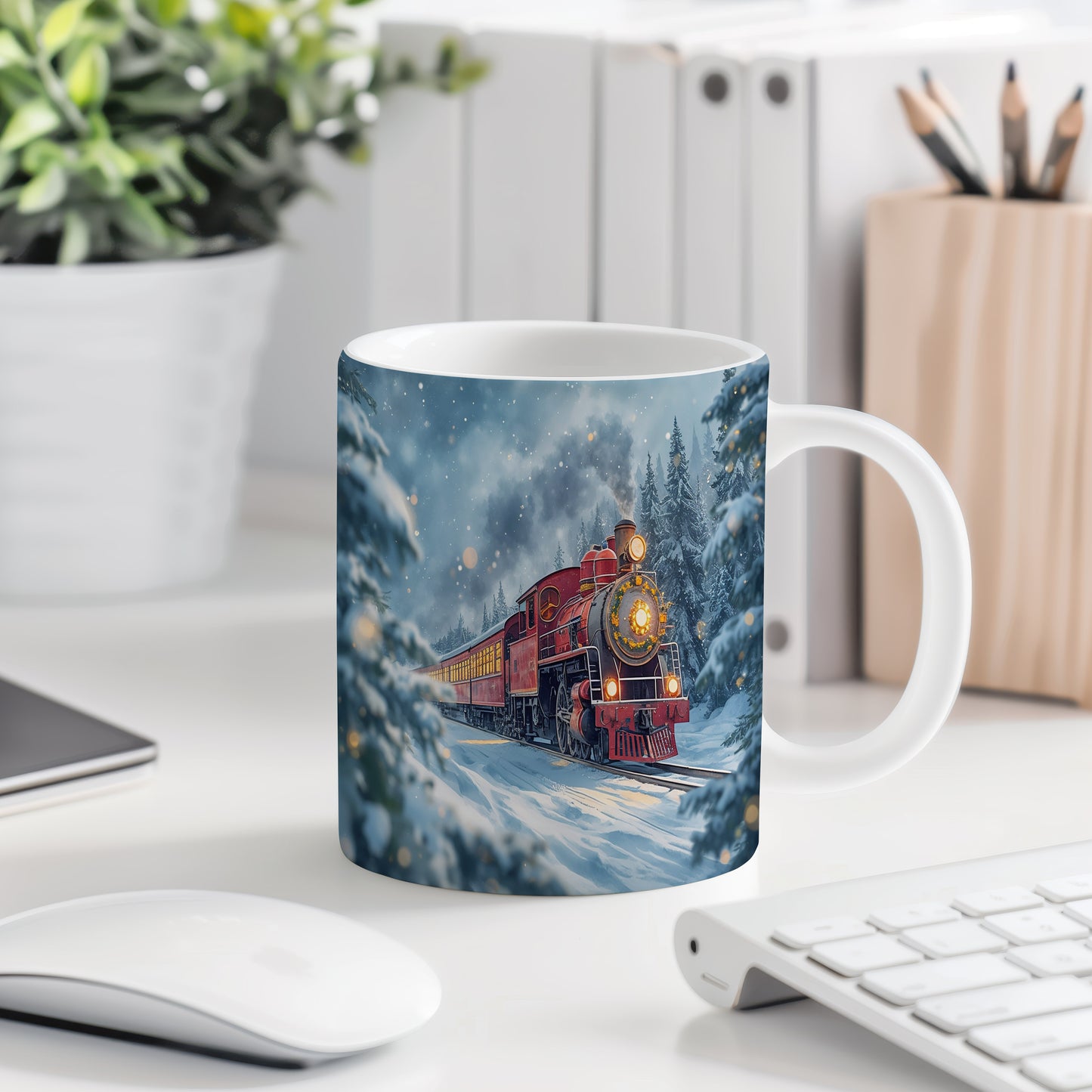 Hrnek s vánočním motivem – červená lokomotiva