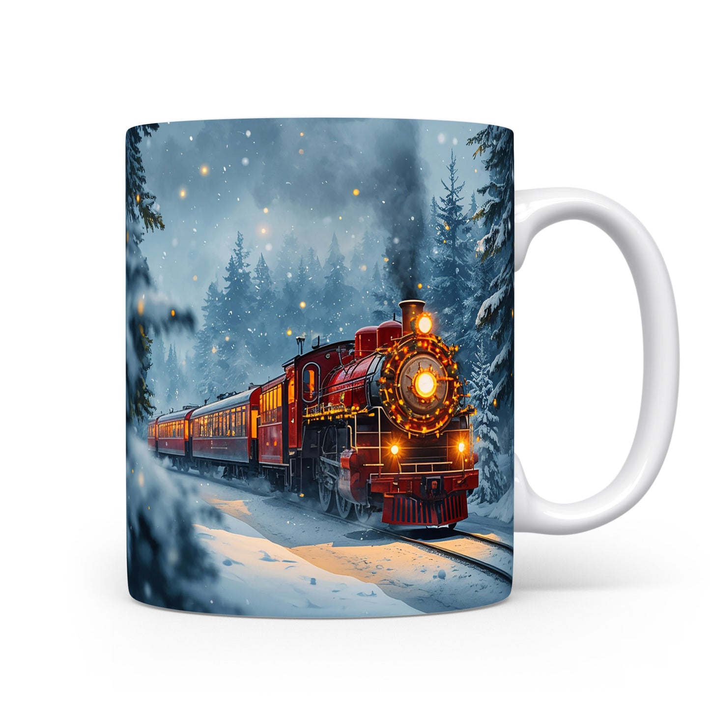 Hrnek s parním vlakem ve sněhu.