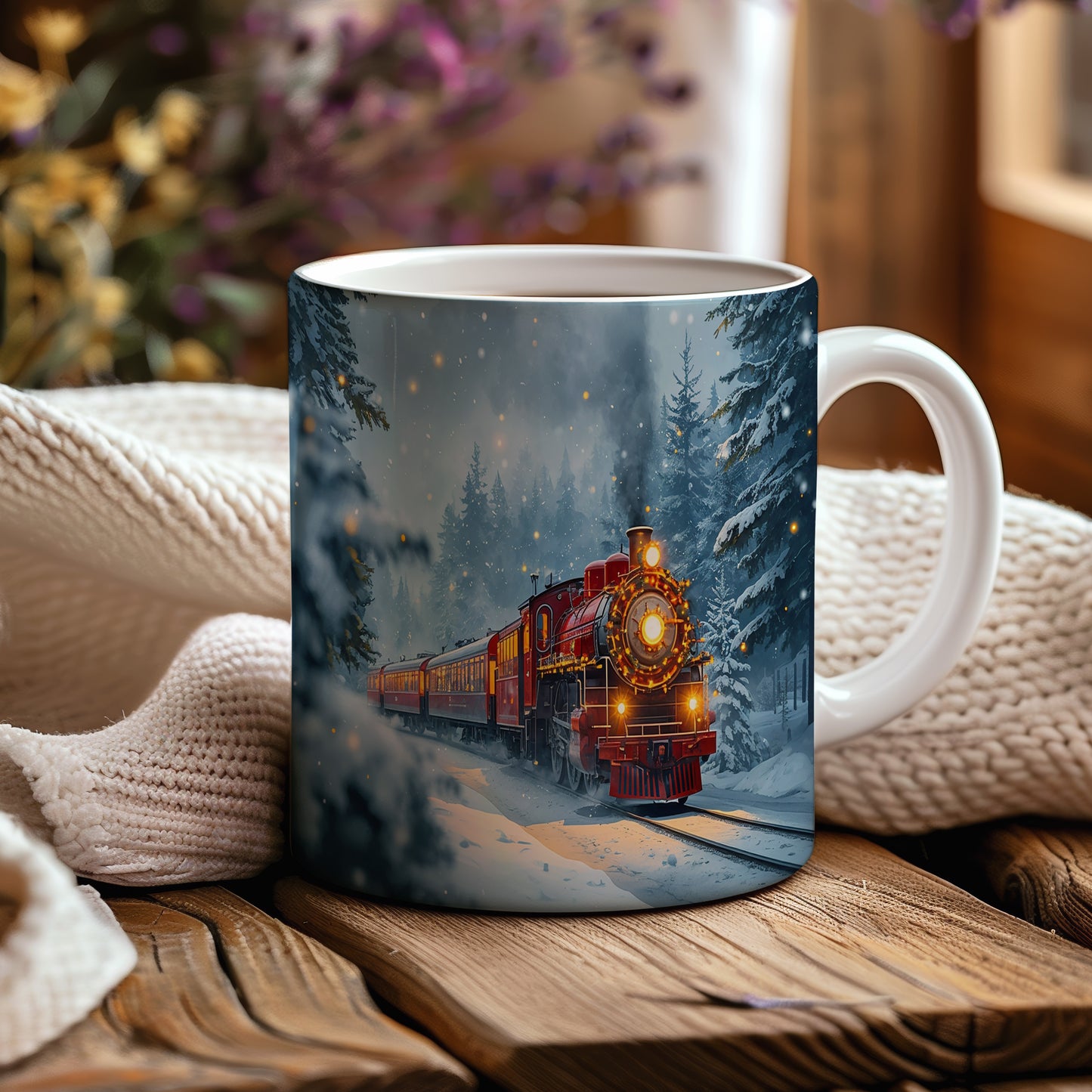 Hrnek s vánočním motivem – parní vlak v zasněženém lese – sníh, lokomotiva