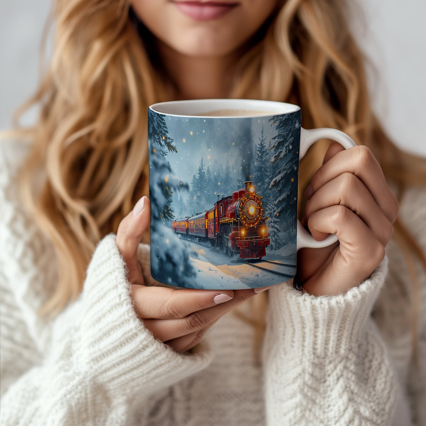 Hrnek s vánočním motivem – parní vlak v zasněženém lese – sníh, lokomotiva