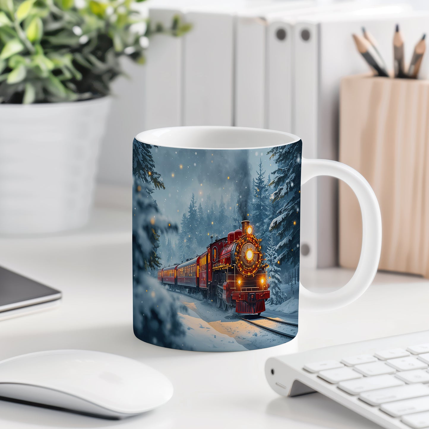 Hrnek s vánočním motivem – parní vlak v zasněženém lese – sníh, lokomotiva