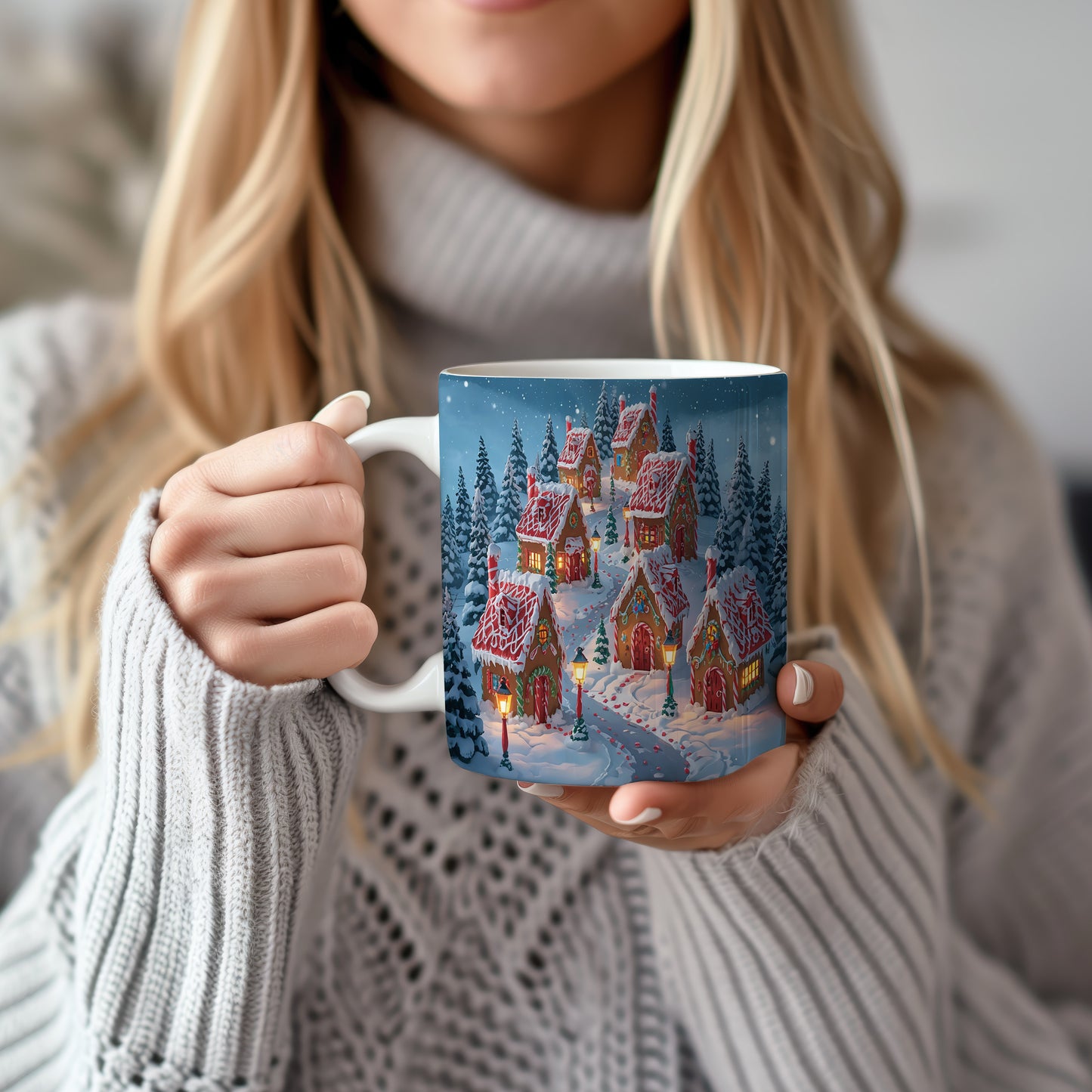 Hrnek s vánočním motivem – zasněžená vesnička s lampami – sníh, chaloupky