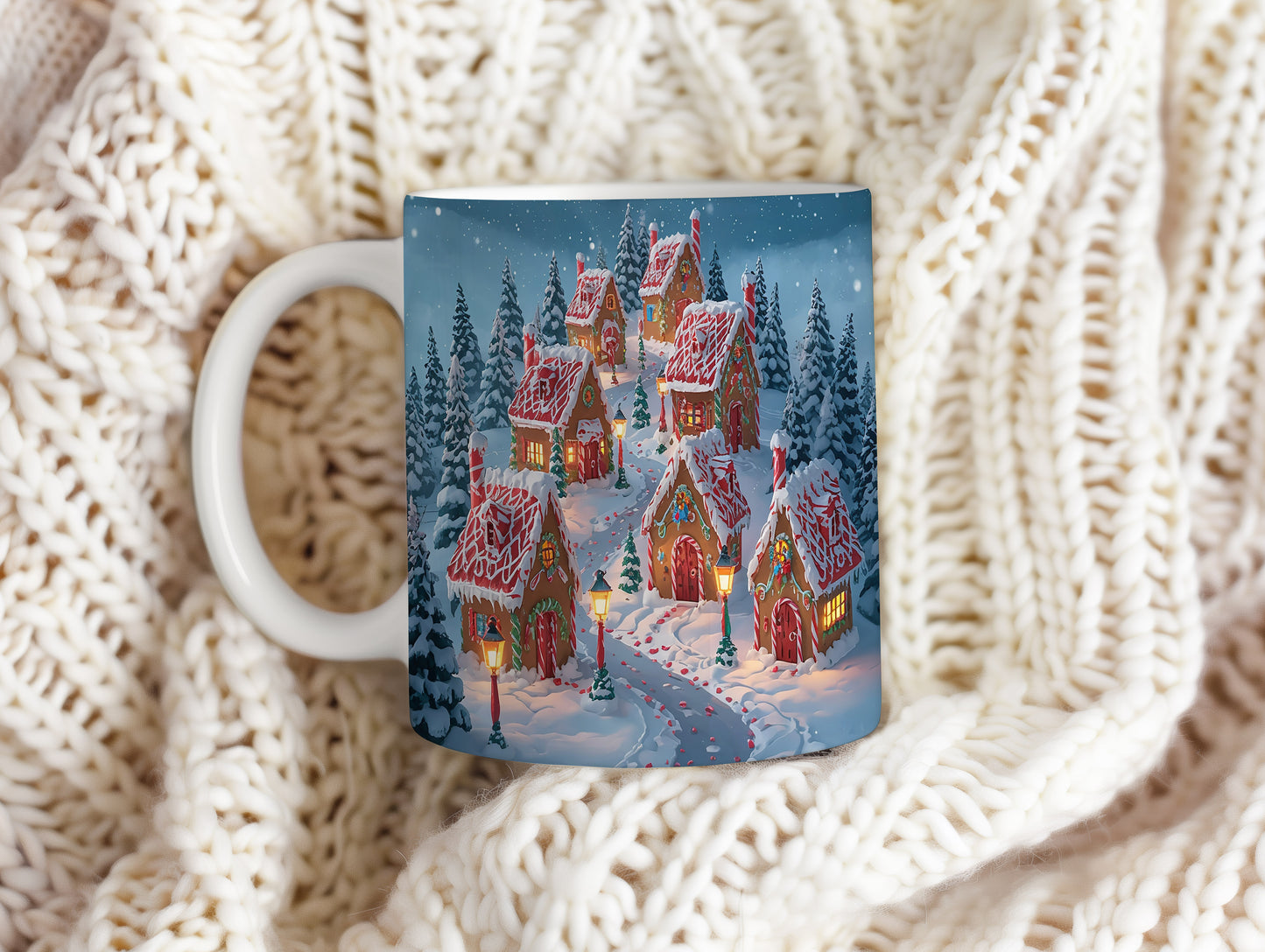 Hrnek s vánočním motivem – zasněžená vesnička s lampami – sníh, chaloupky