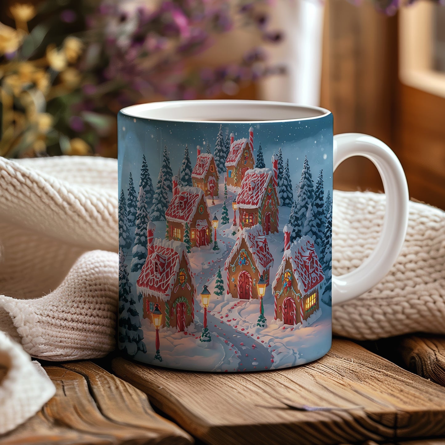Hrnek s vánočním motivem – zasněžená vesnička s lampami – sníh, chaloupky