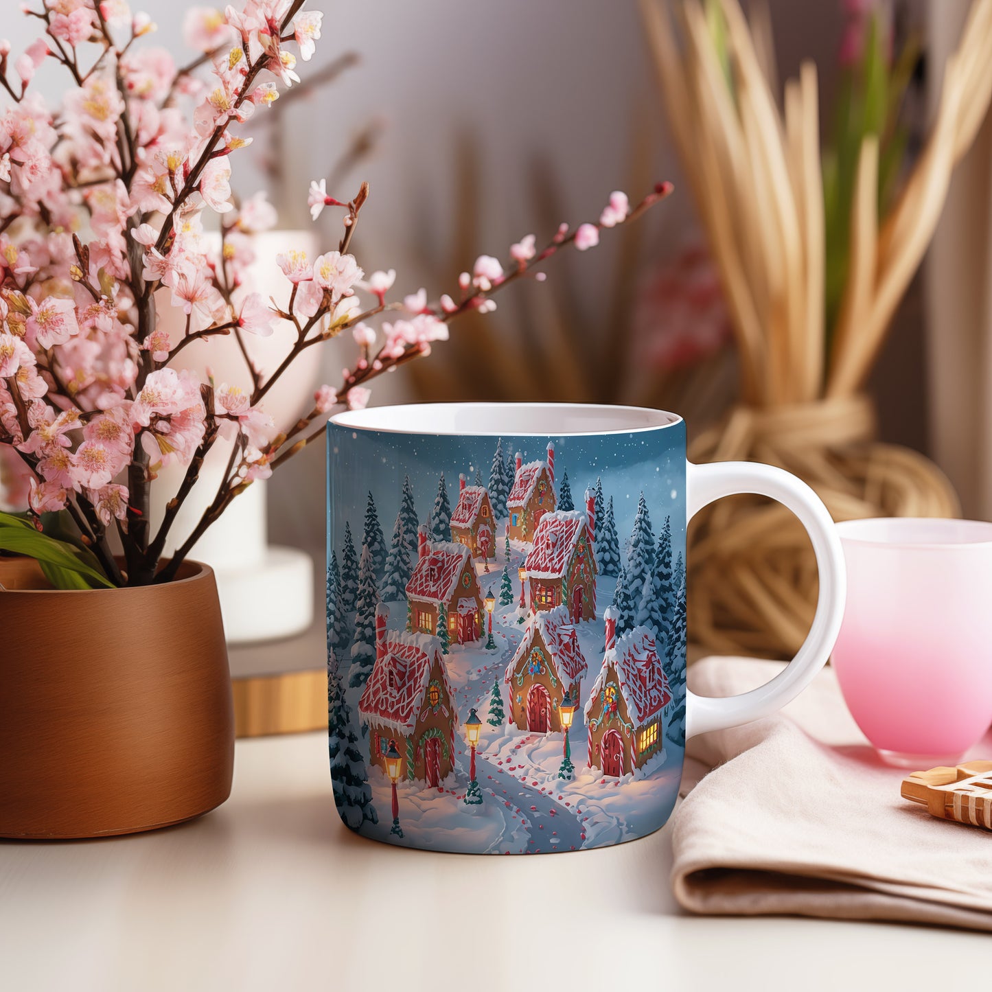 Hrnek s vánočním motivem – zasněžená vesnička s lampami – sníh, chaloupky