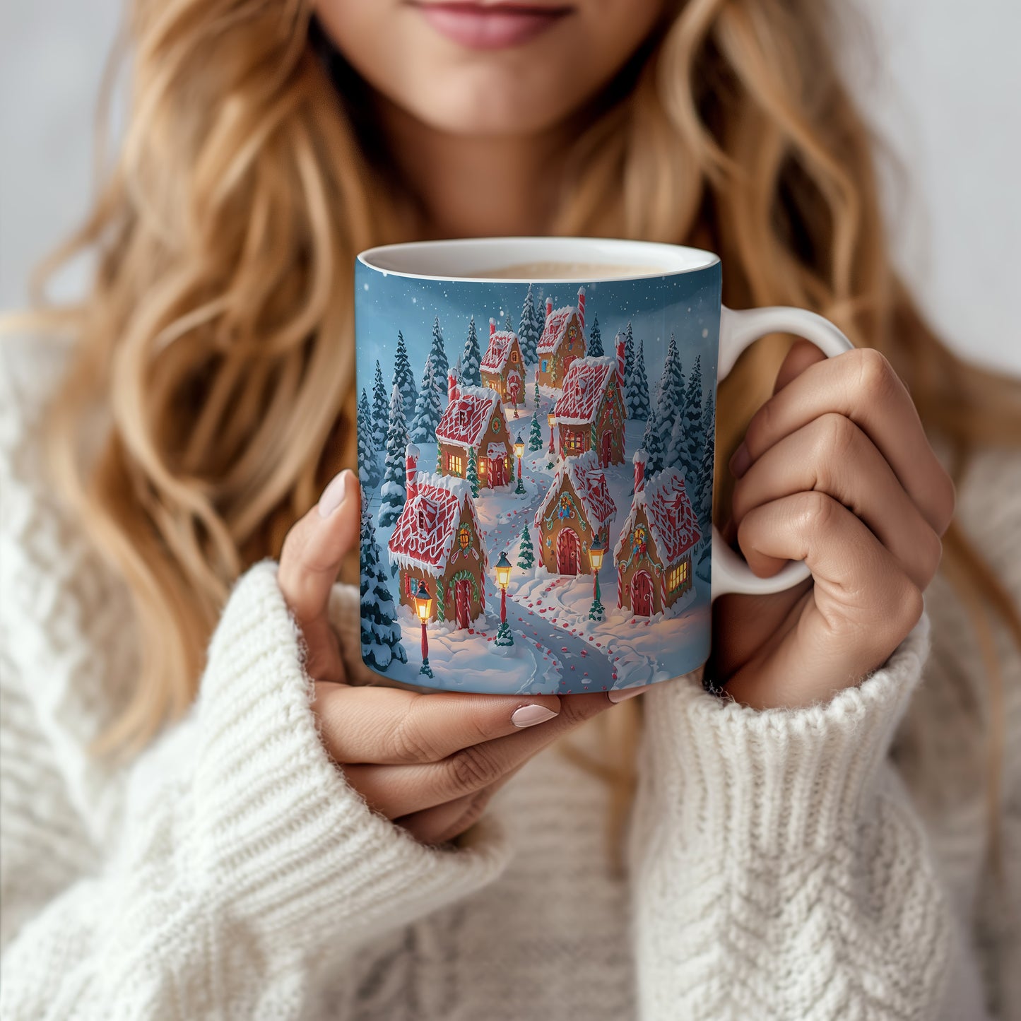 Hrnek s vánočním motivem – zasněžená vesnička s lampami – sníh, chaloupky