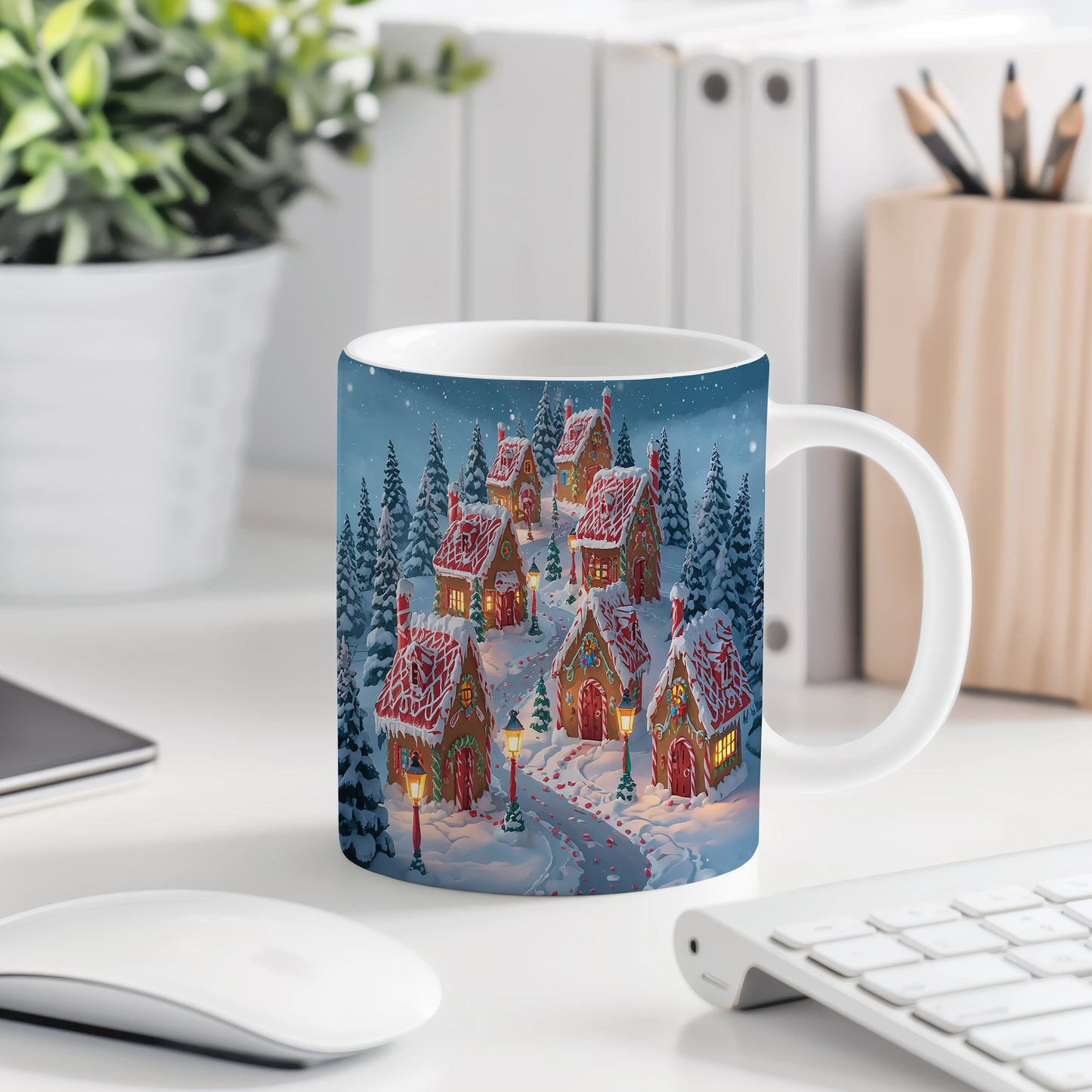 Hrnek s vánočním motivem – zasněžená vesnička s lampami – sníh, chaloupky