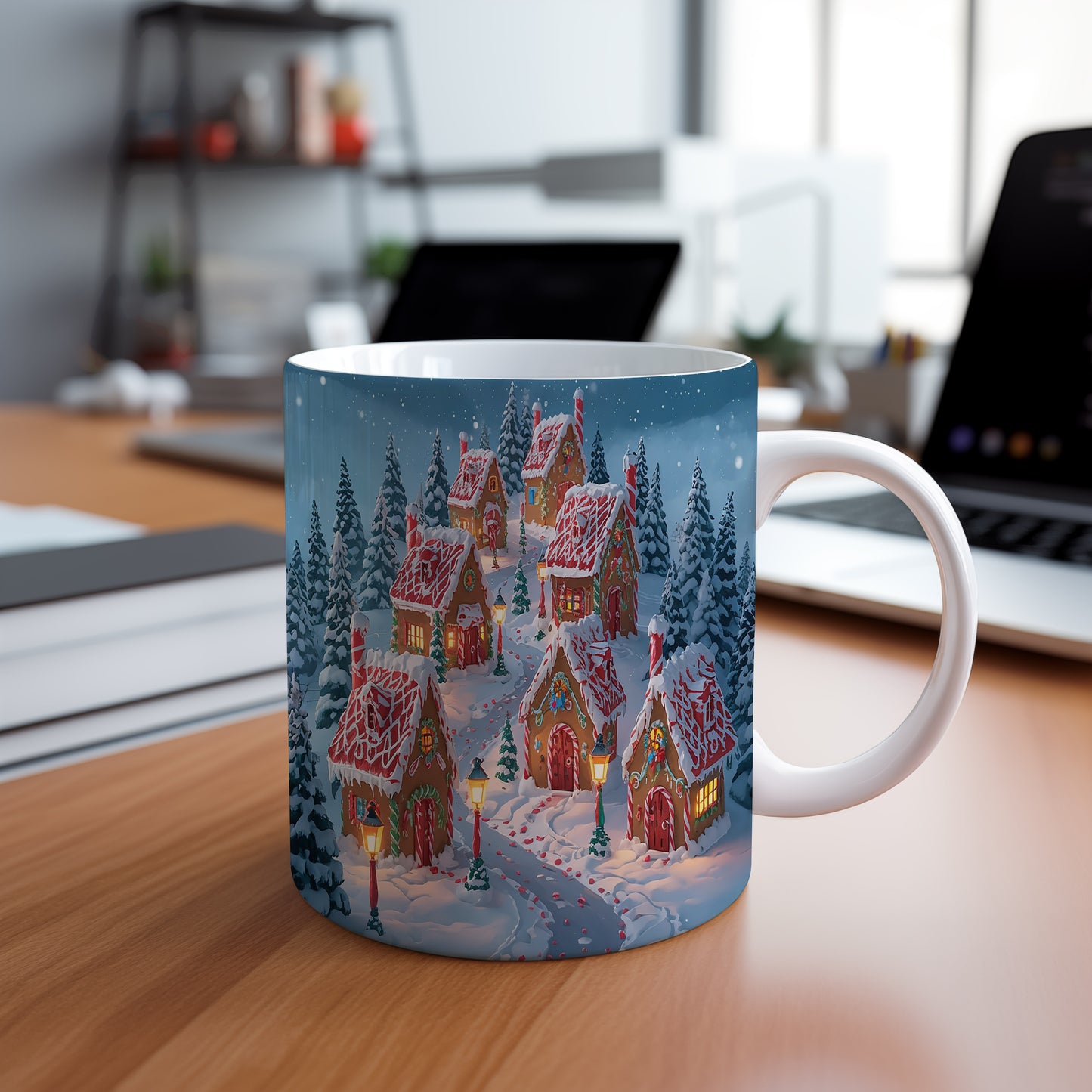 Hrnek s vánočním motivem – zasněžená vesnička s lampami – sníh, chaloupky