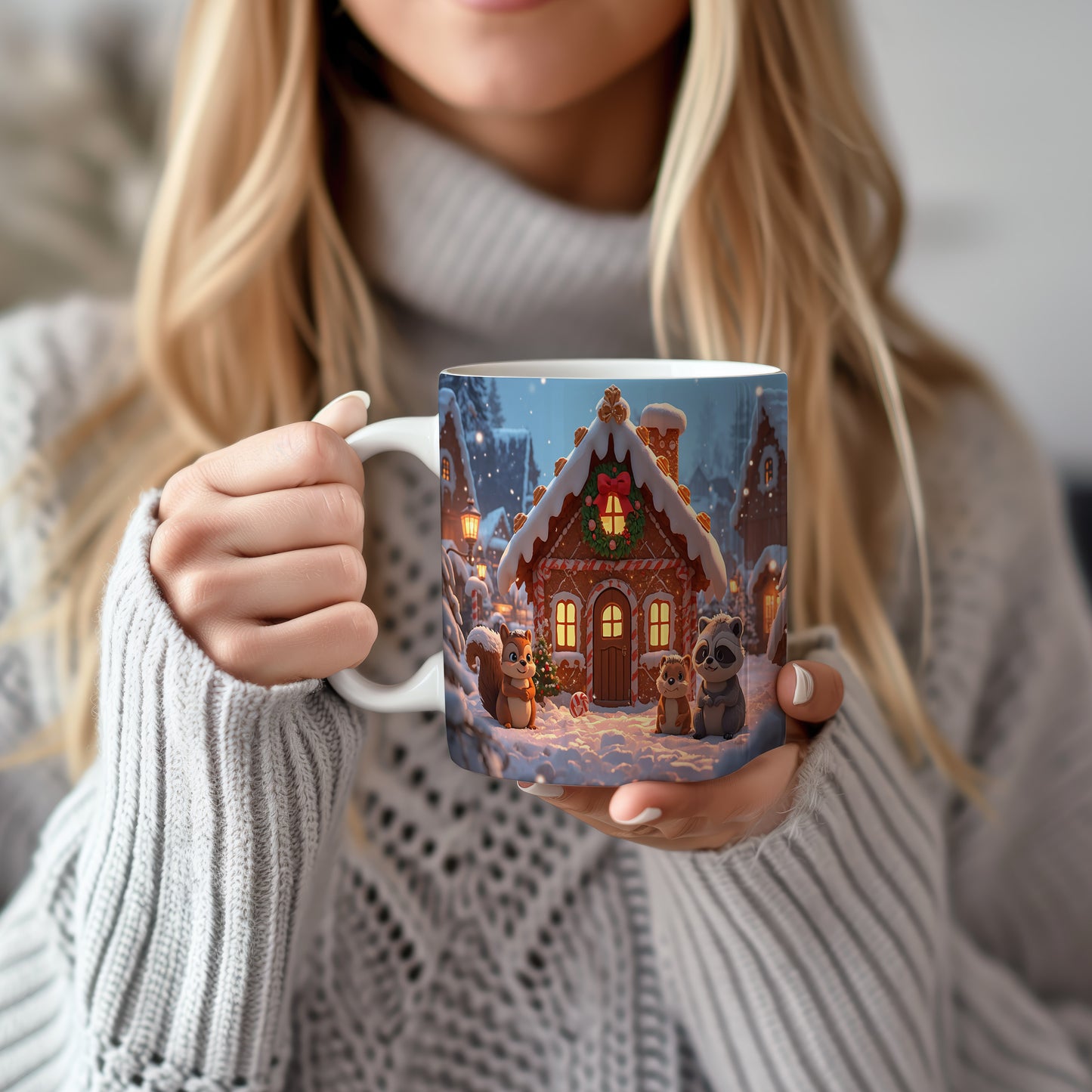 Hrnek s vánočním motivem – perníková chaloupka se zvířátky