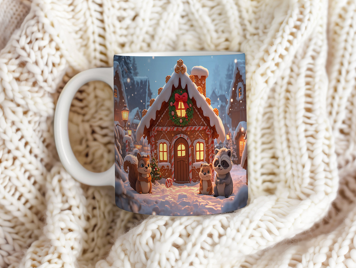 Hrnek s vánočním motivem – perníková chaloupka se zvířátky