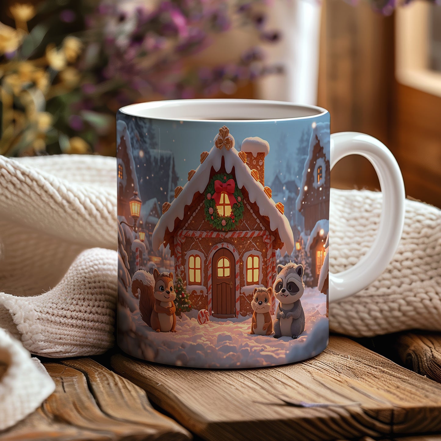 Hrnek s vánočním motivem – perníková chaloupka se zvířátky