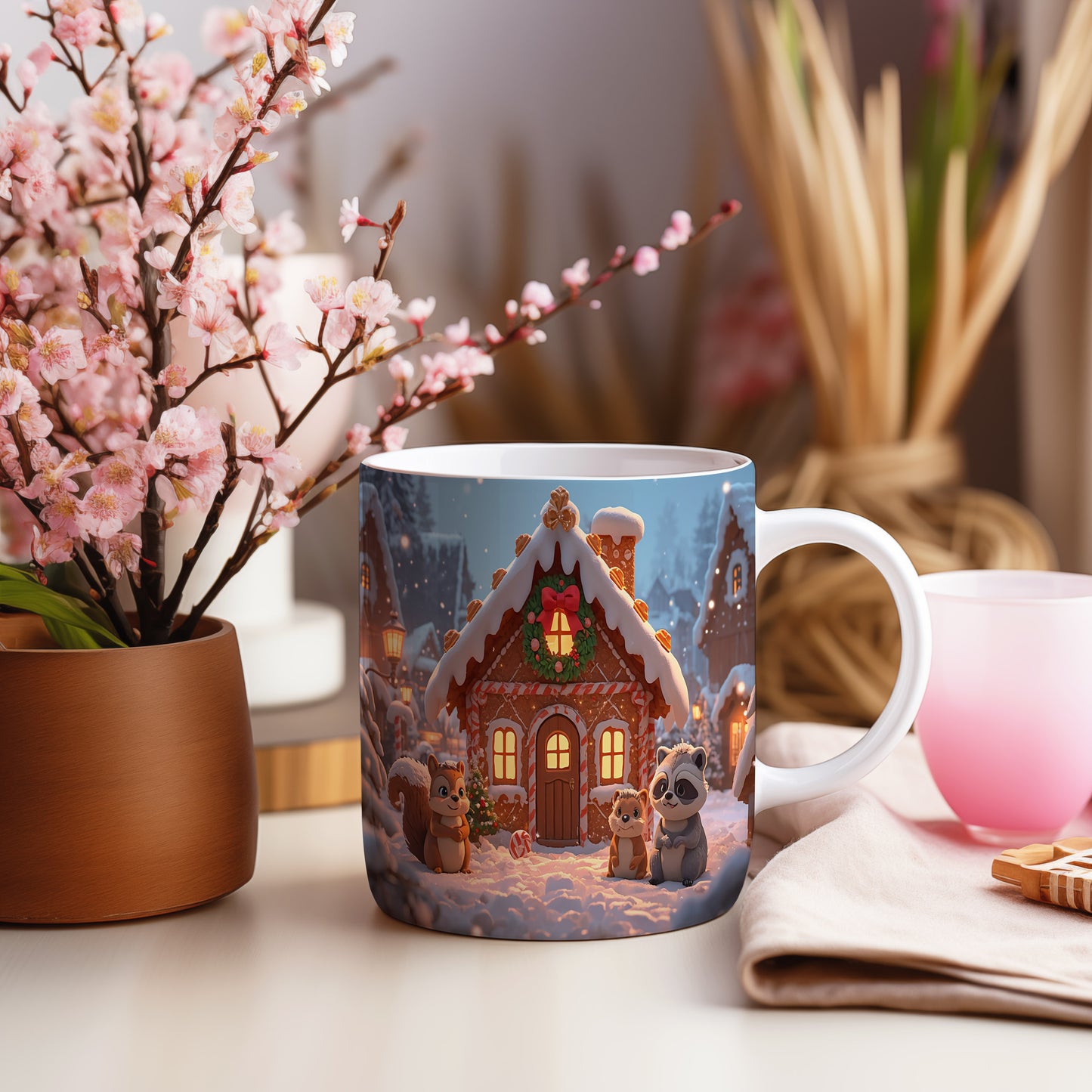 Hrnek s vánočním motivem – perníková chaloupka se zvířátky