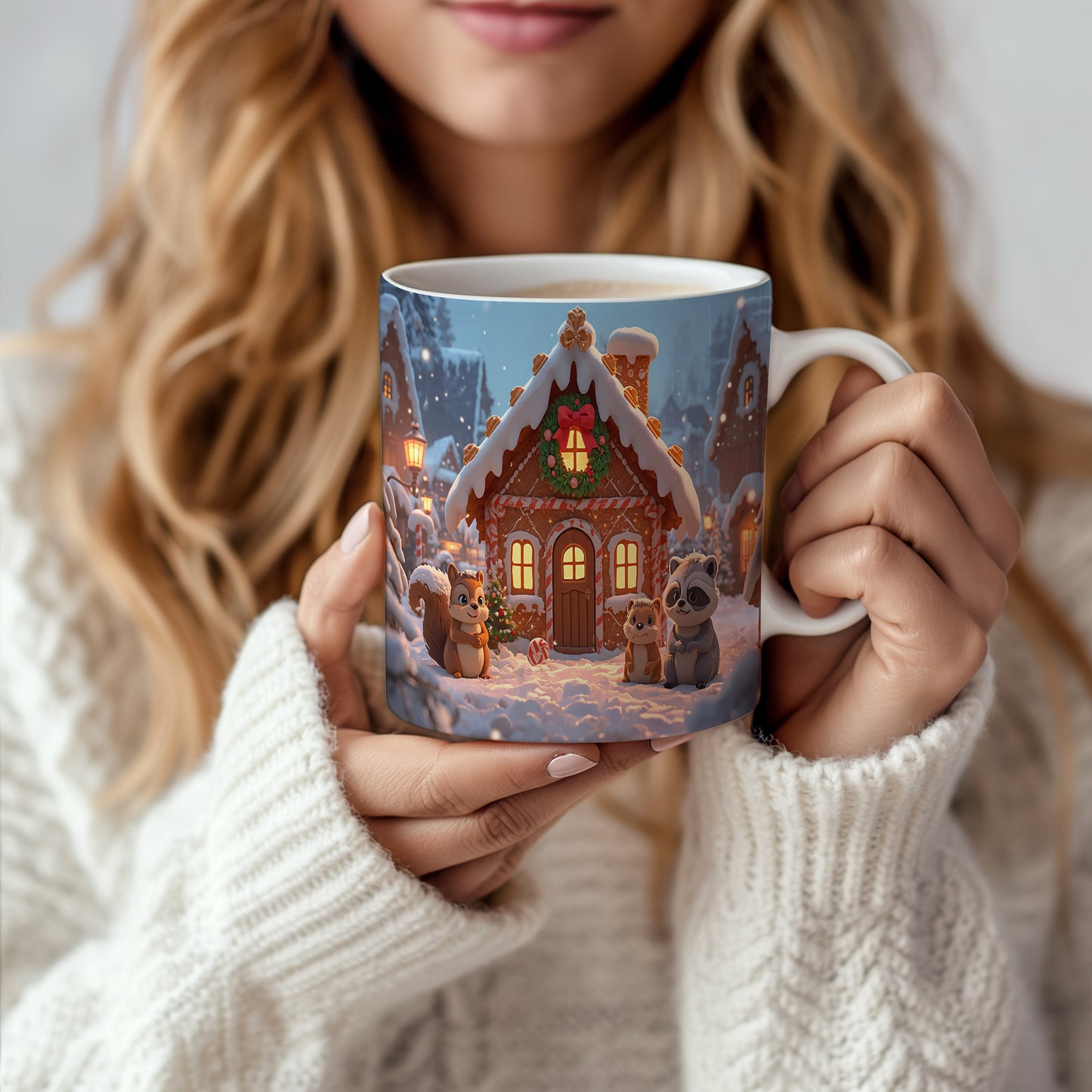 Hrnek s vánočním motivem – perníková chaloupka se zvířátky