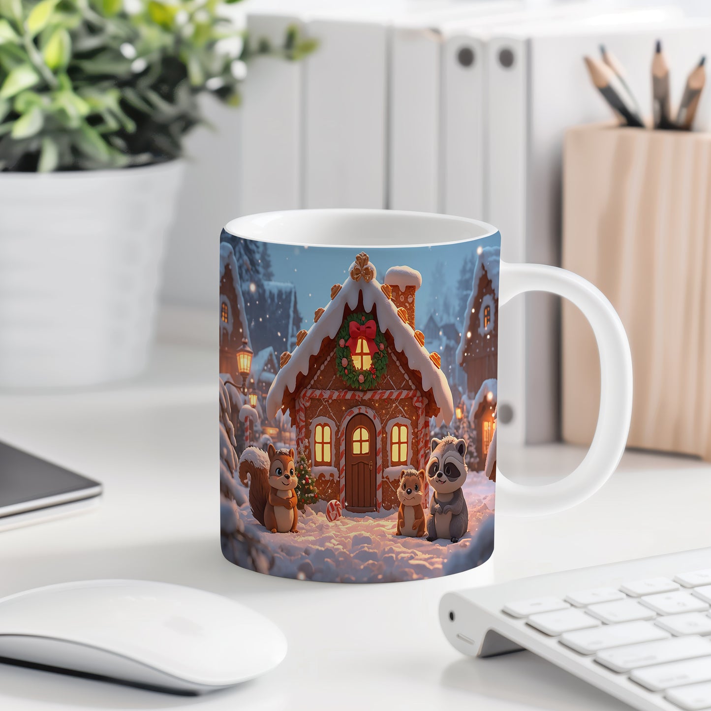 Hrnek s vánočním motivem – perníková chaloupka se zvířátky