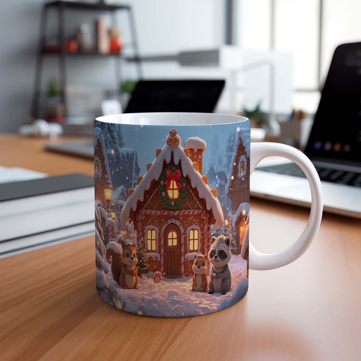 Hrnek s vánočním motivem – perníková chaloupka se zvířátky