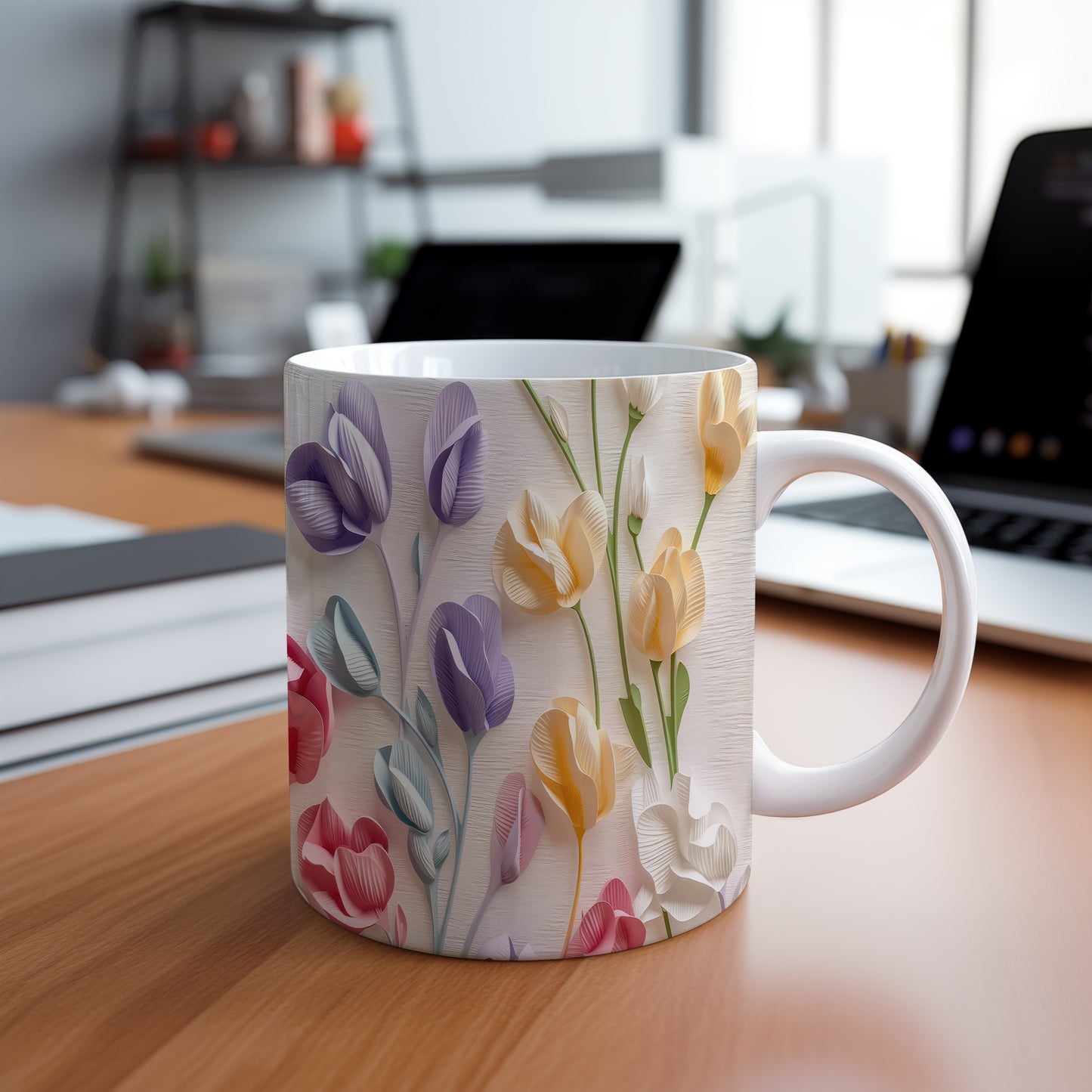 Hrnek s elegantními květinami v jemných tónech – výrazným designem