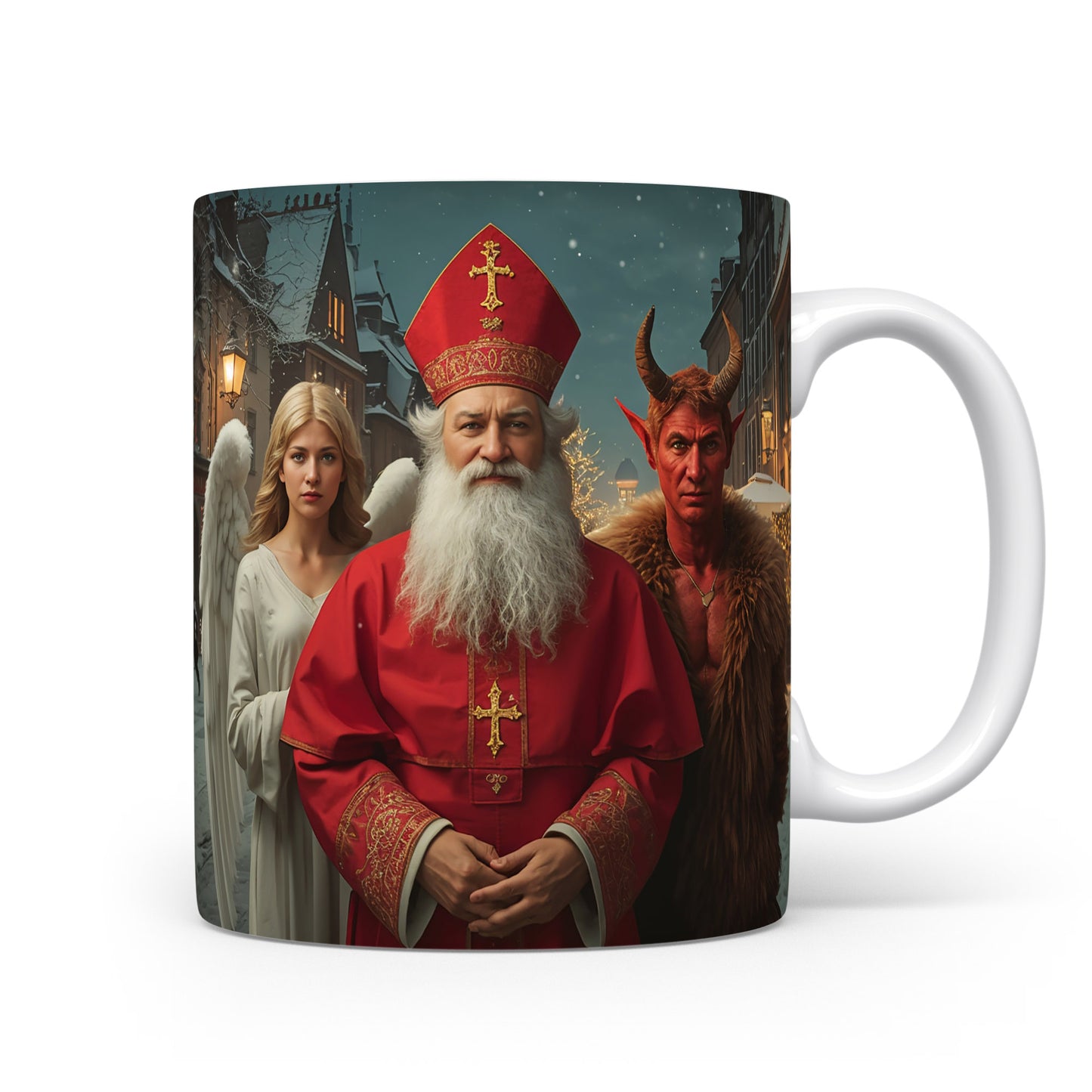 Mikuláš, čert a anděl na zasněžené ulici