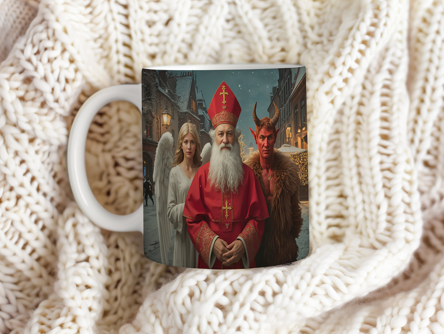 Hrnek s motivem Mikuláše, čerta a anděla – kouzelná zimní ulice