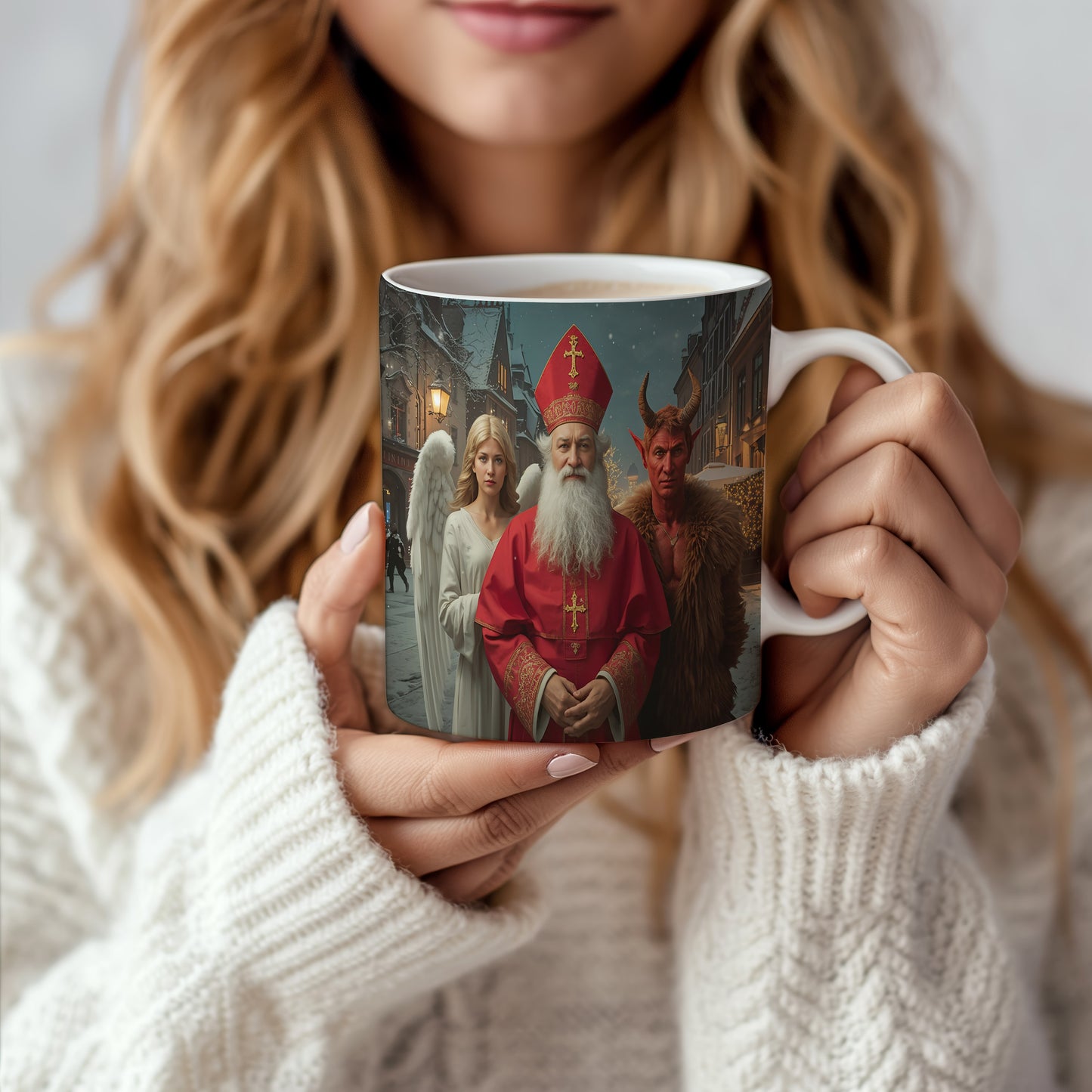 Hrnek s motivem Mikuláše, čerta a anděla – kouzelná zimní ulice