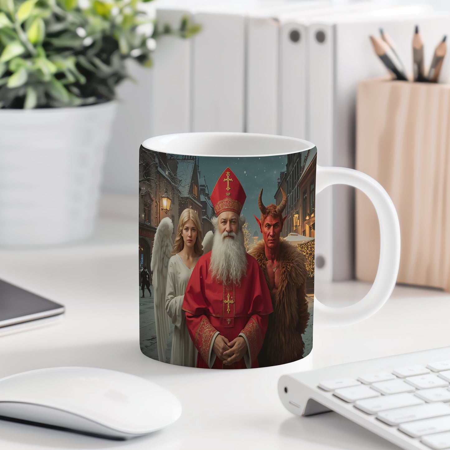 Hrnek s motivem Mikuláše, čerta a anděla – kouzelná zimní ulice