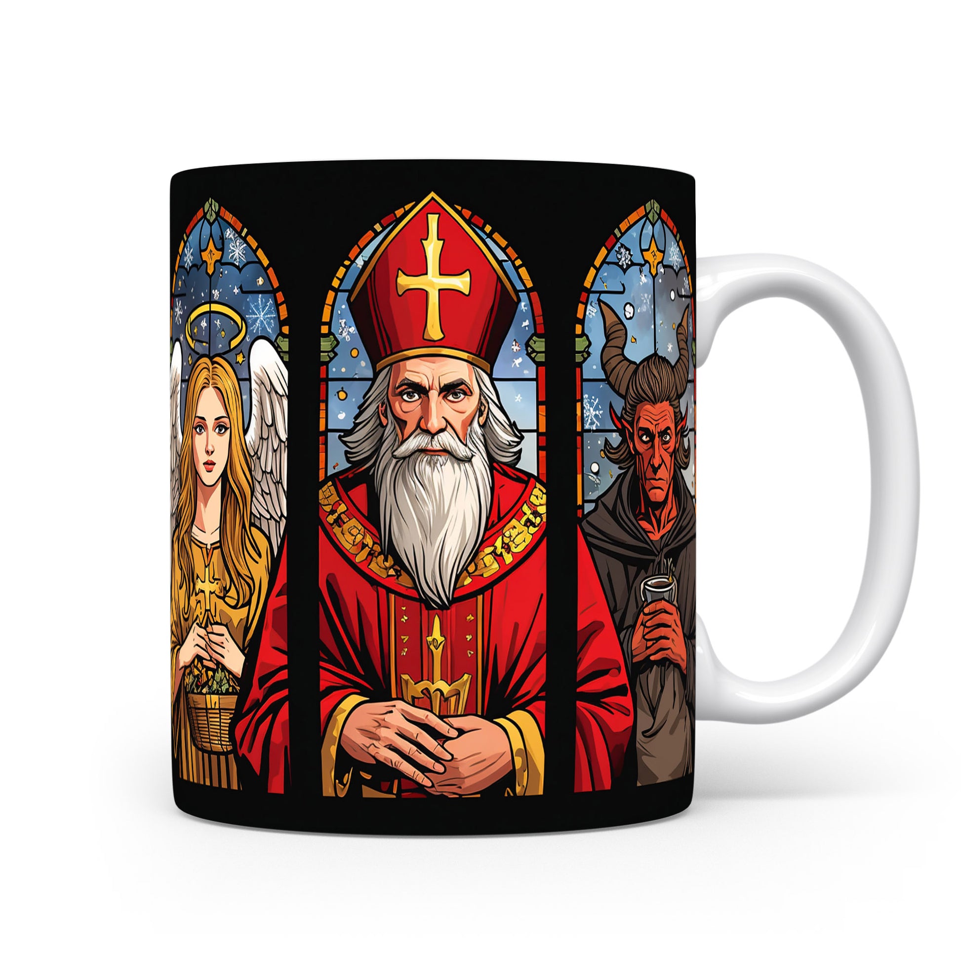 Hrnek s vitrážovým motivem Mikuláše, čerta a anděla.