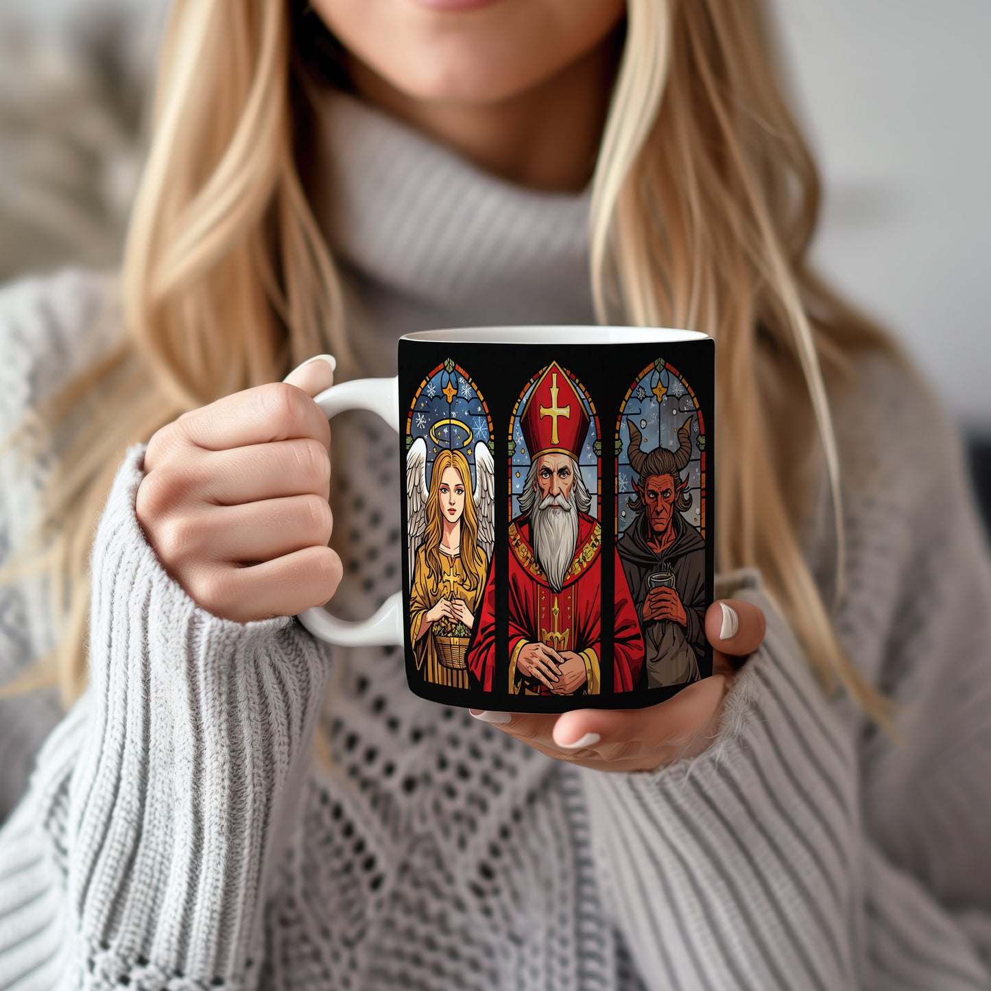 Hrnek s motivem Mikuláše, čerta a anděla – vitrážové okno