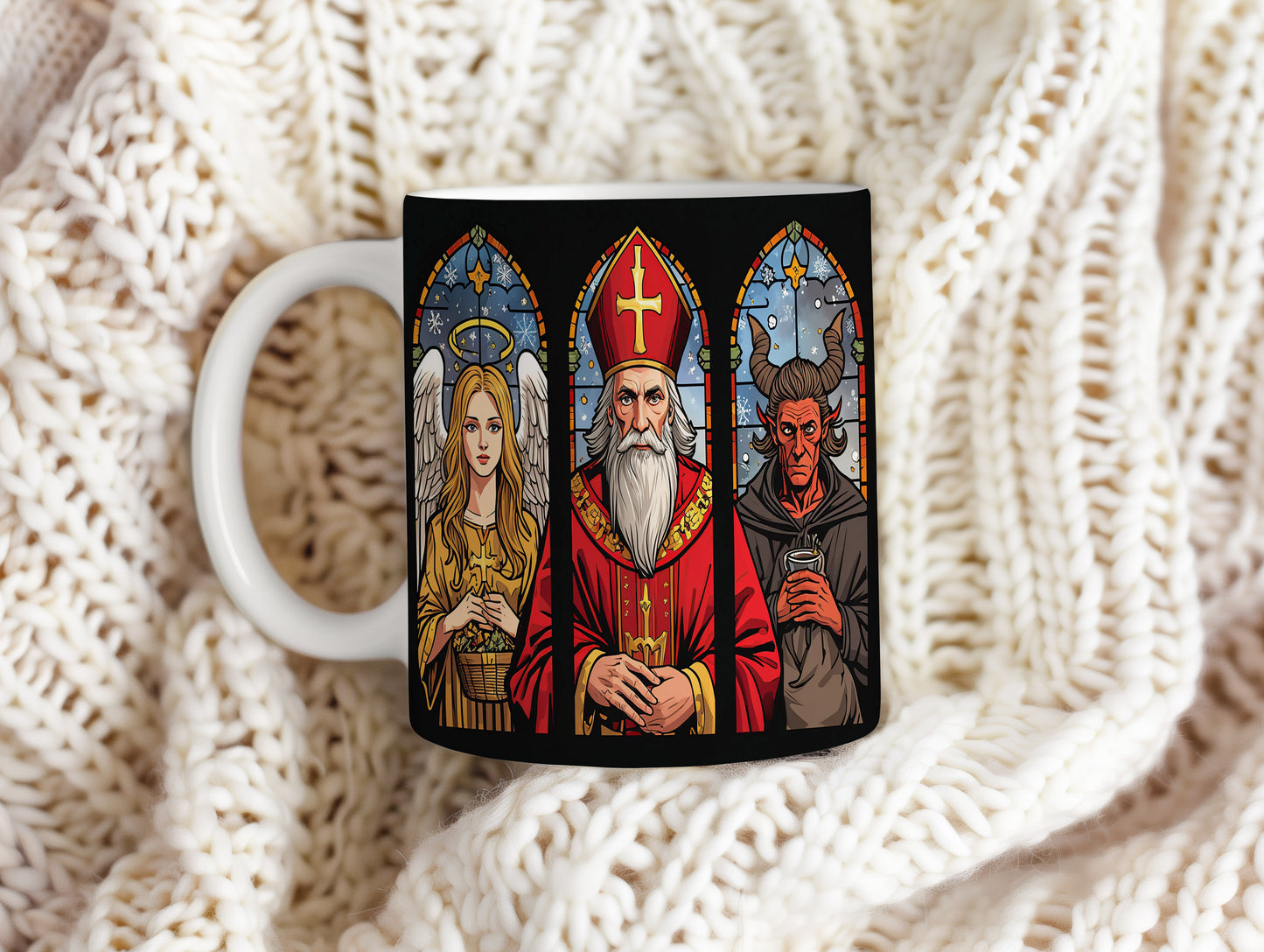 Hrnek s motivem Mikuláše, čerta a anděla – vitrážové okno