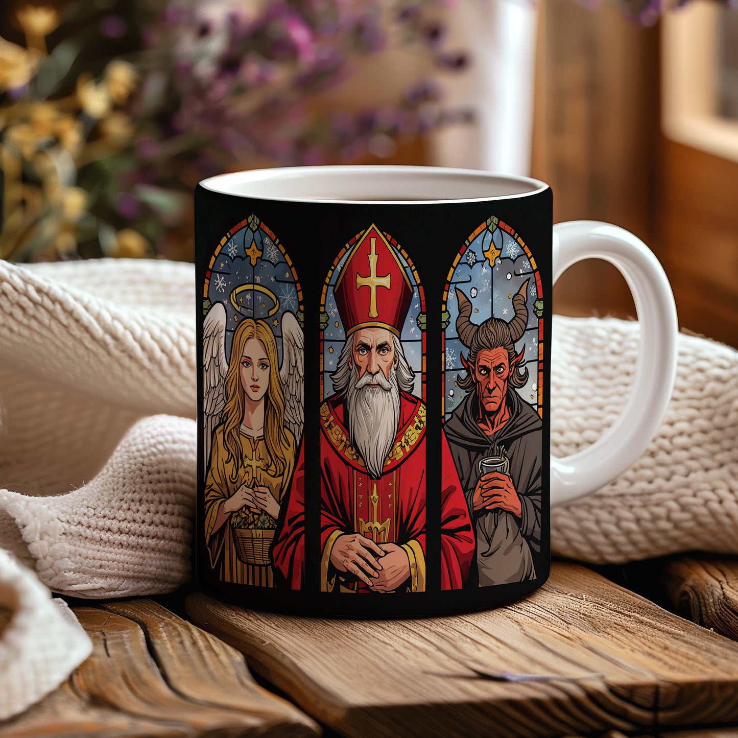 Hrnek s motivem Mikuláše, čerta a anděla – vitrážové okno