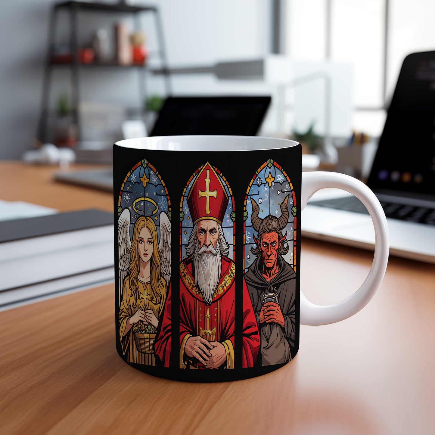 Hrnek s motivem Mikuláše, čerta a anděla – vitrážové okno