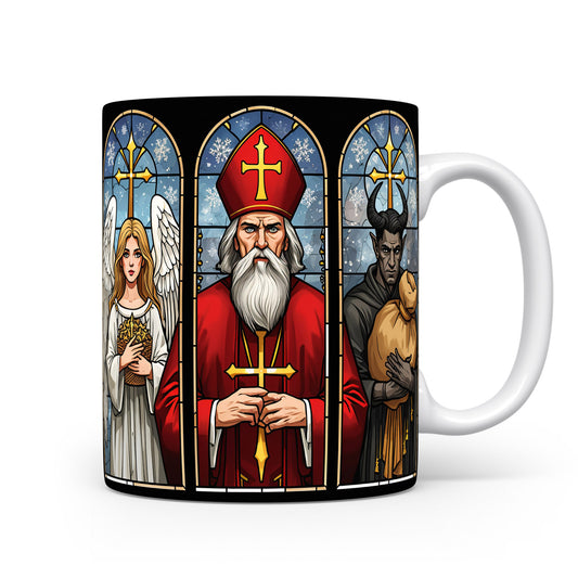 Hrnek s postavami Mikuláše, čerta a anděla ve vitrážovém okně