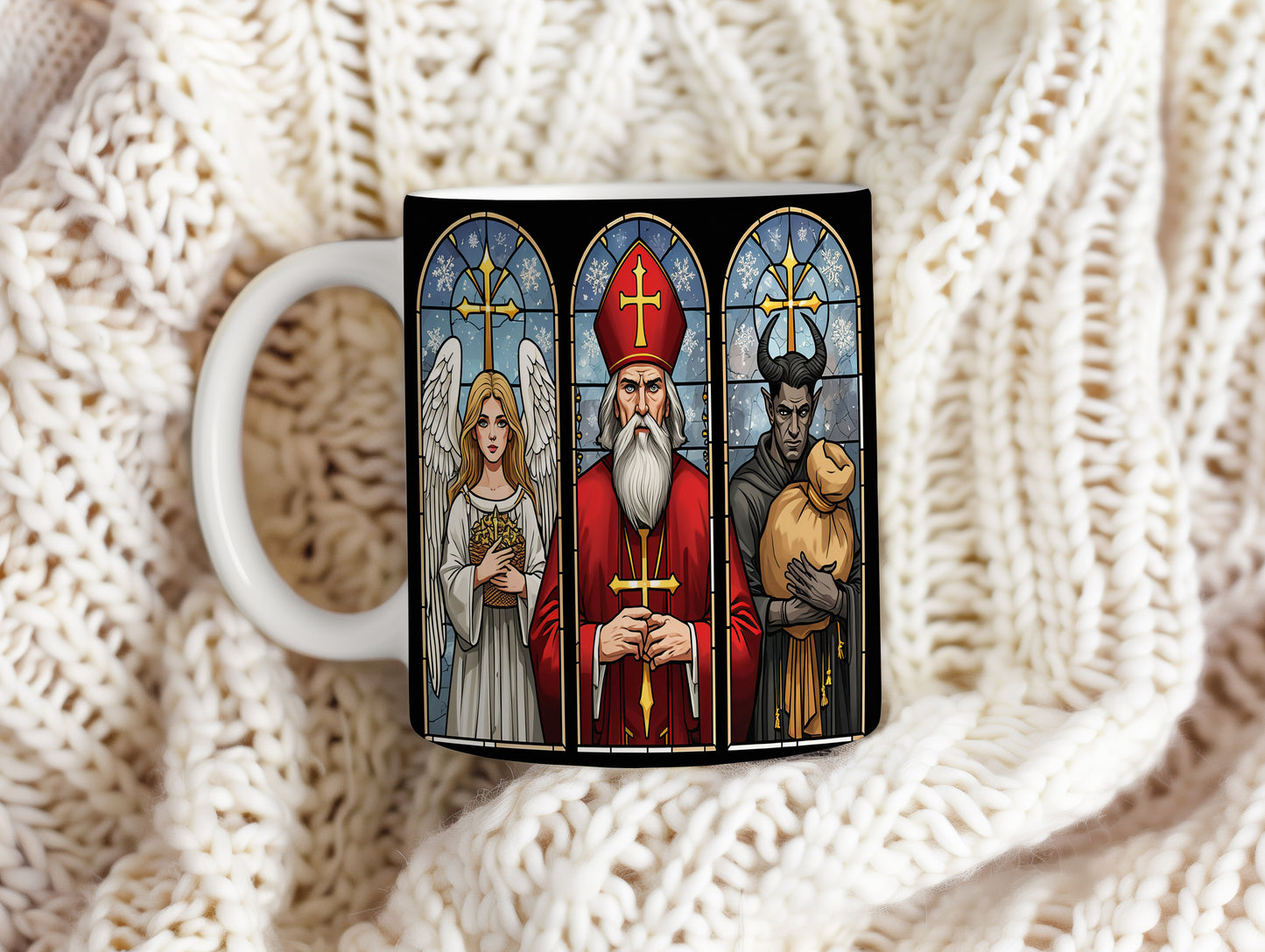 Hrnek s motivem Mikuláše, čerta a anděla – zimní vitráž