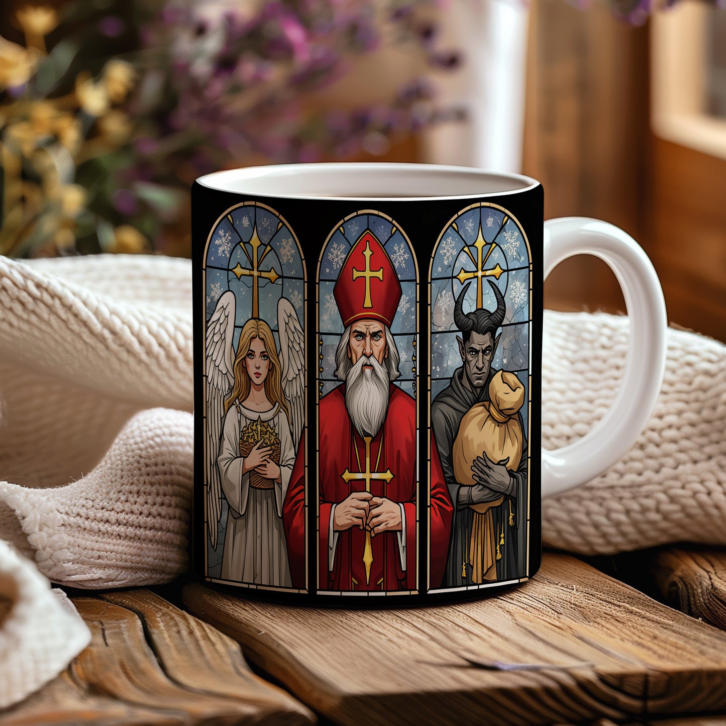 Hrnek s motivem Mikuláše, čerta a anděla – zimní vitráž