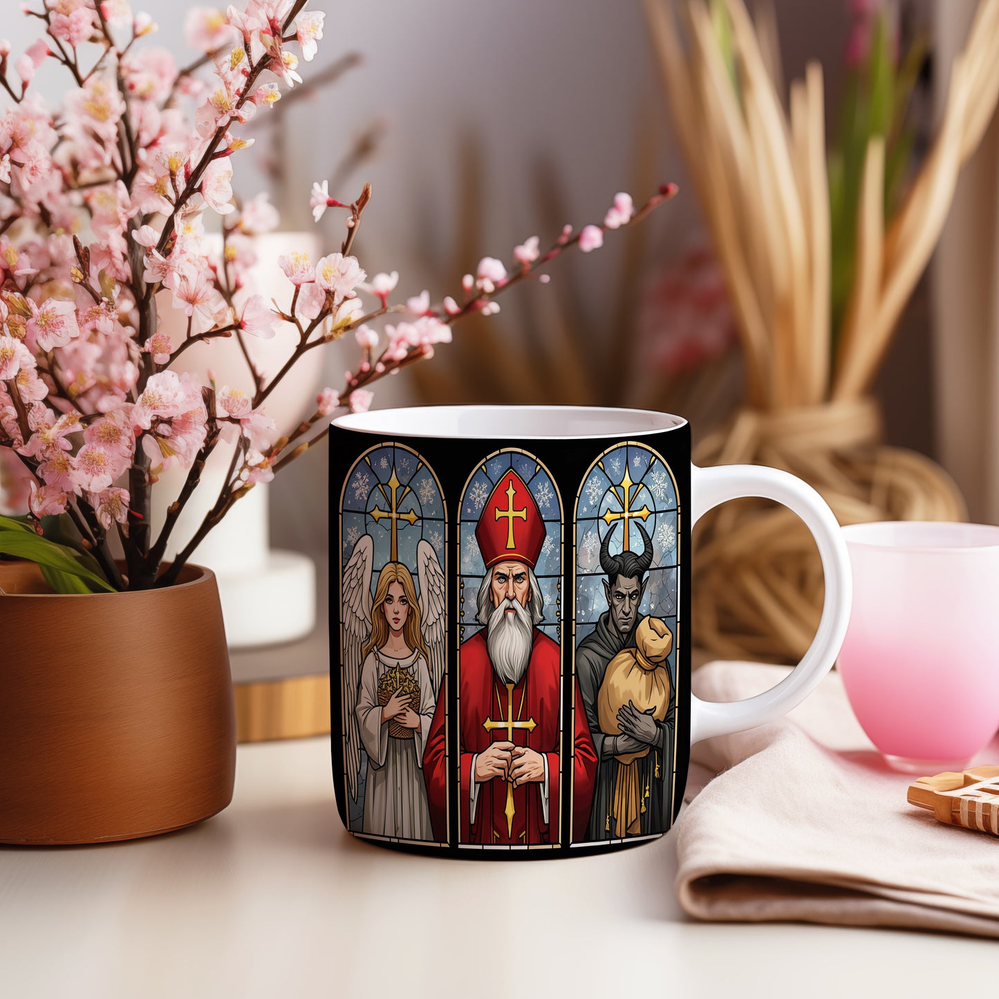 Hrnek s motivem Mikuláše, čerta a anděla – zimní vitráž