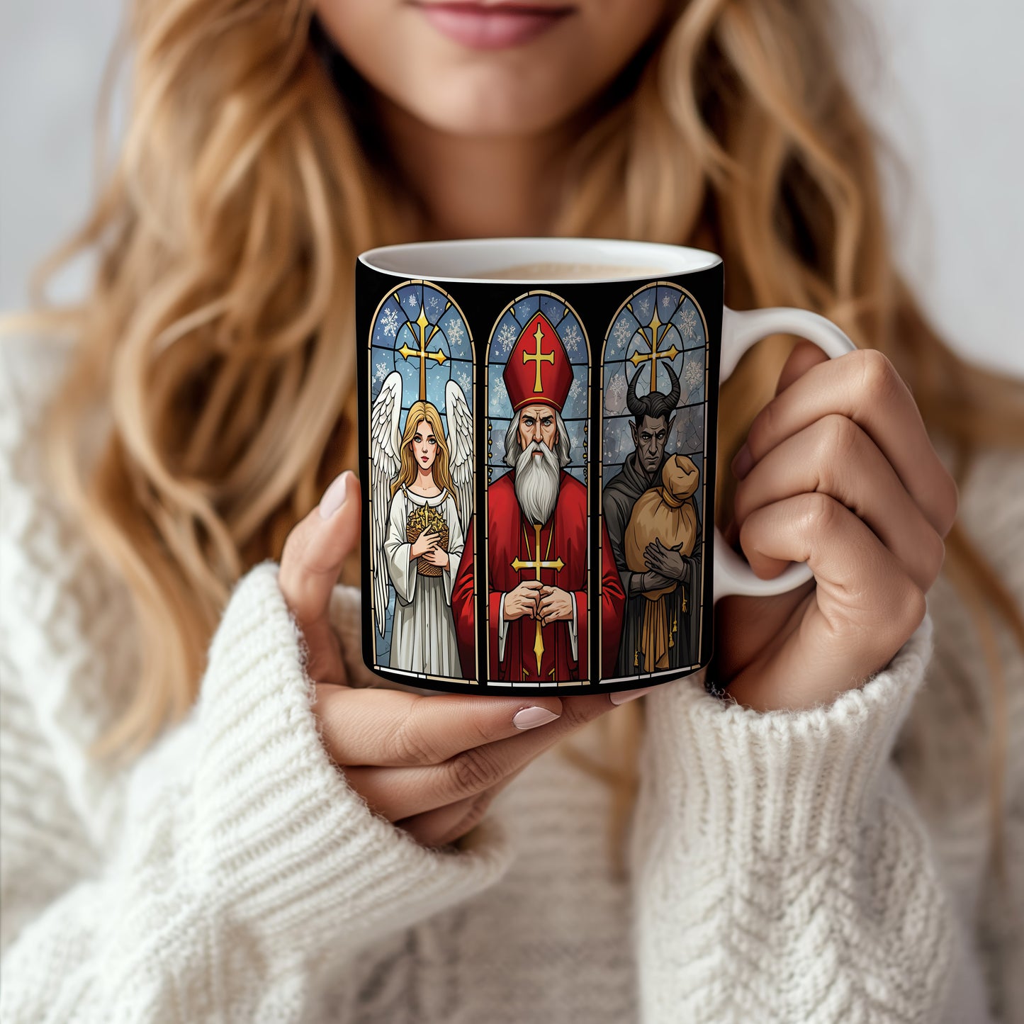 Hrnek s motivem Mikuláše, čerta a anděla – zimní vitráž