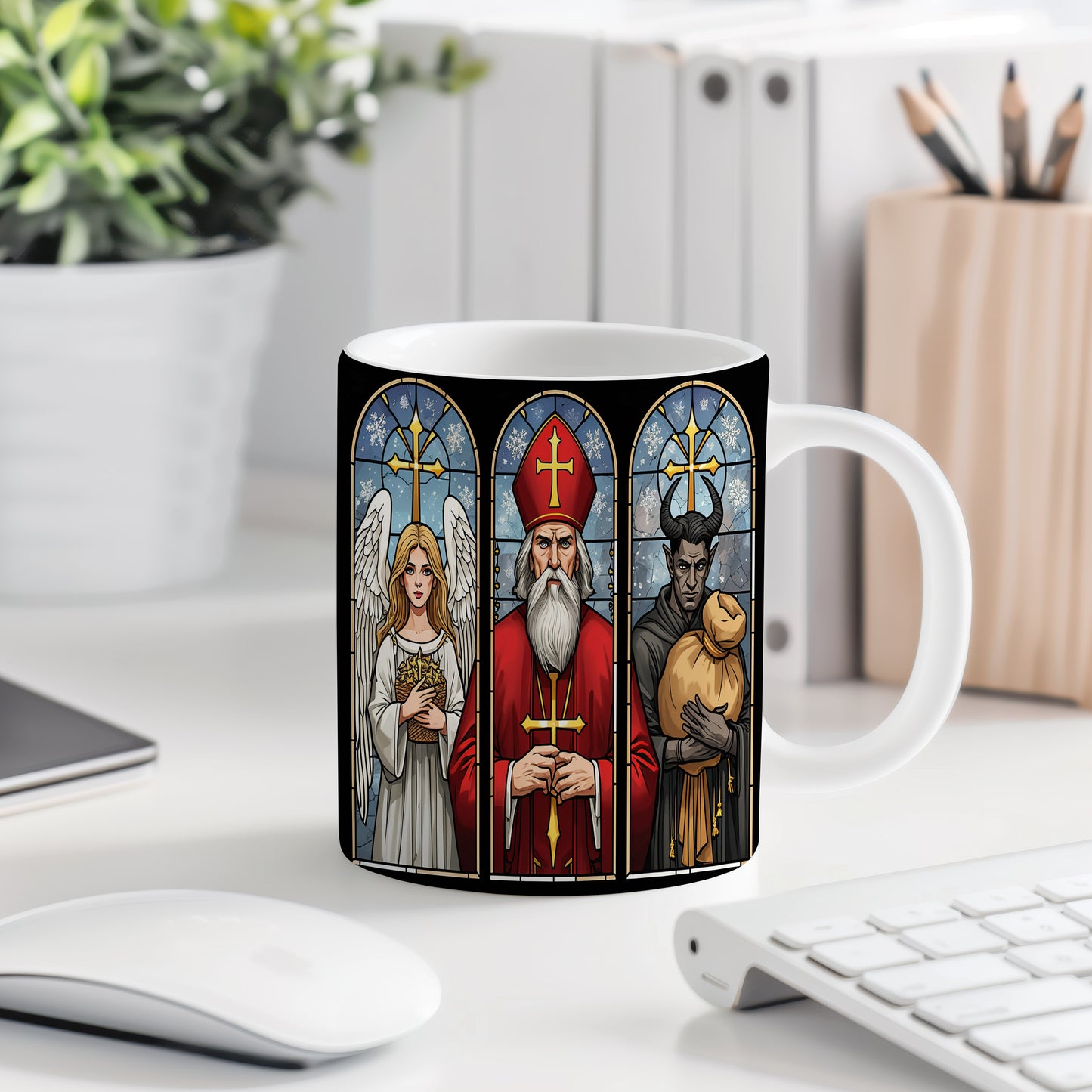 Hrnek s motivem Mikuláše, čerta a anděla – zimní vitráž