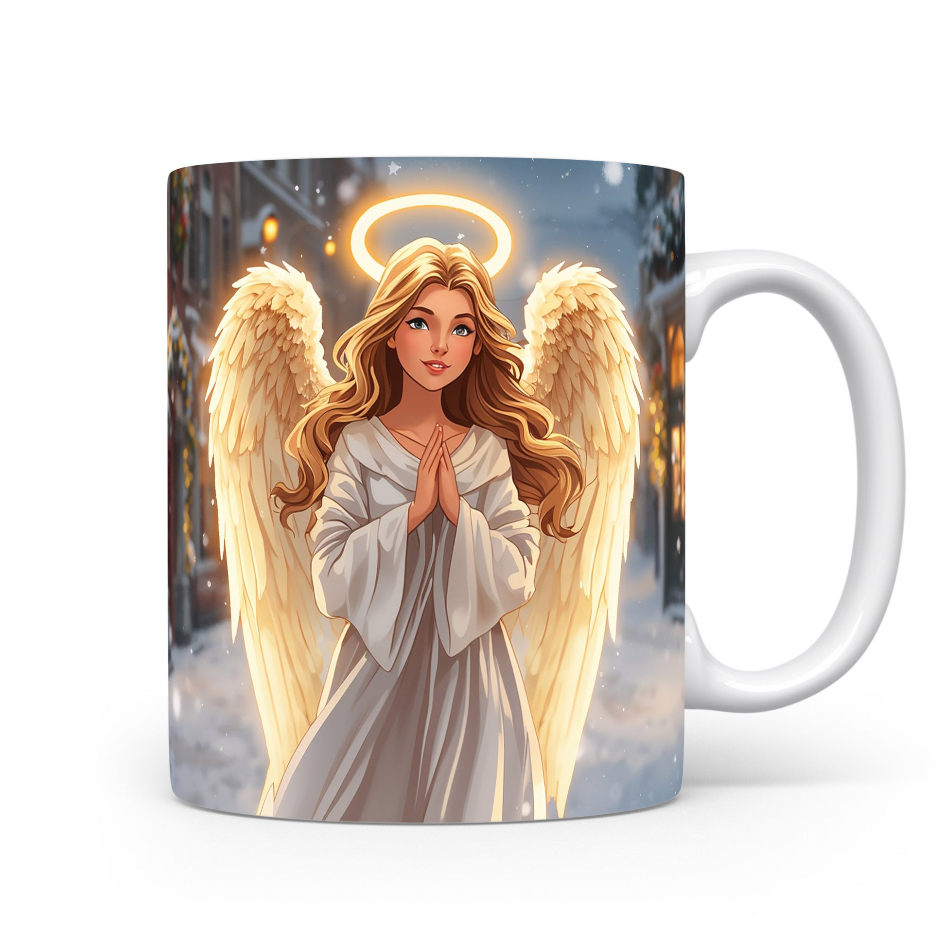 Hrnek s andělem v bílém rouchu a svatozáří na zimním pozadí