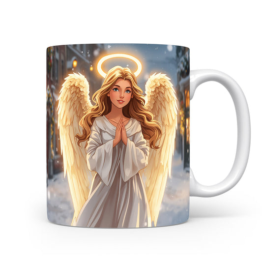 Hrnek s andělem v bílém rouchu a svatozáří na zimním pozadí