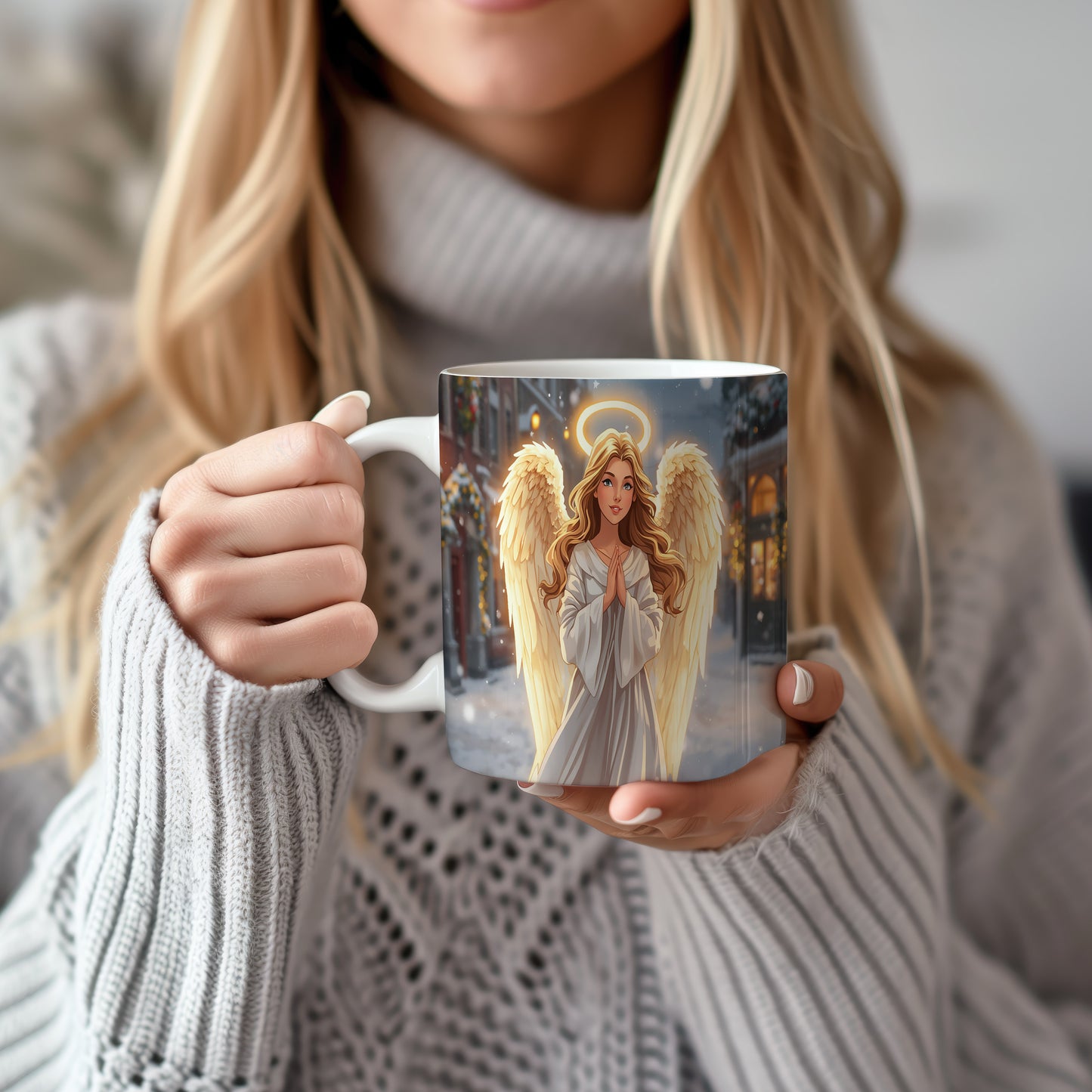 Hrnek s motivem anděla – zářivý zimní večer