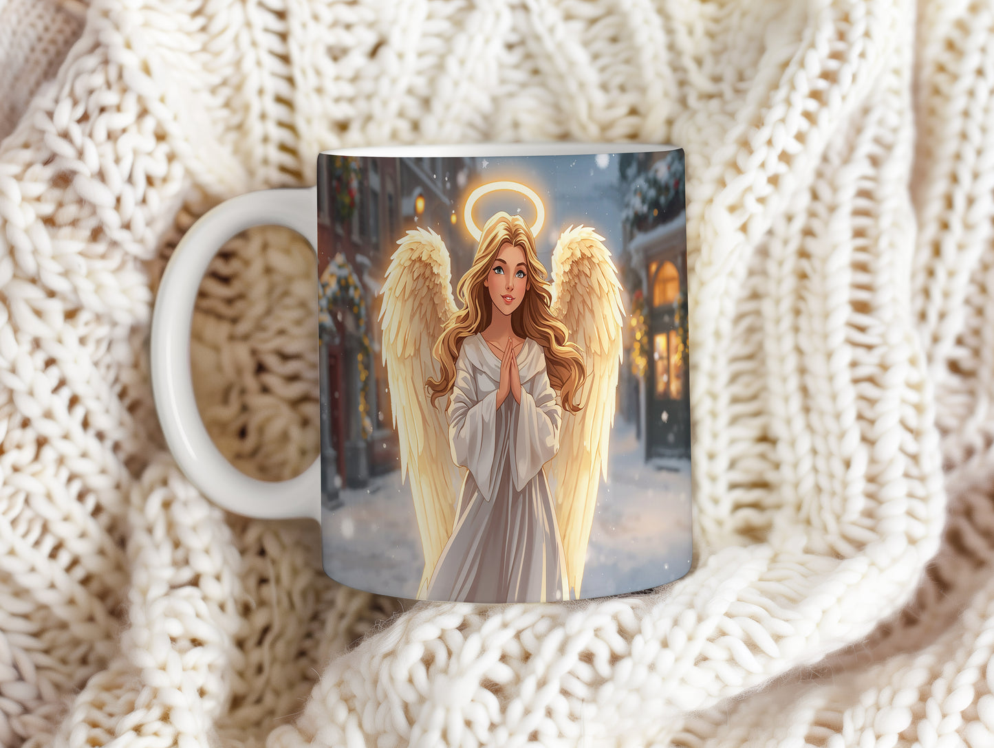 Hrnek s motivem anděla – zářivý zimní večer