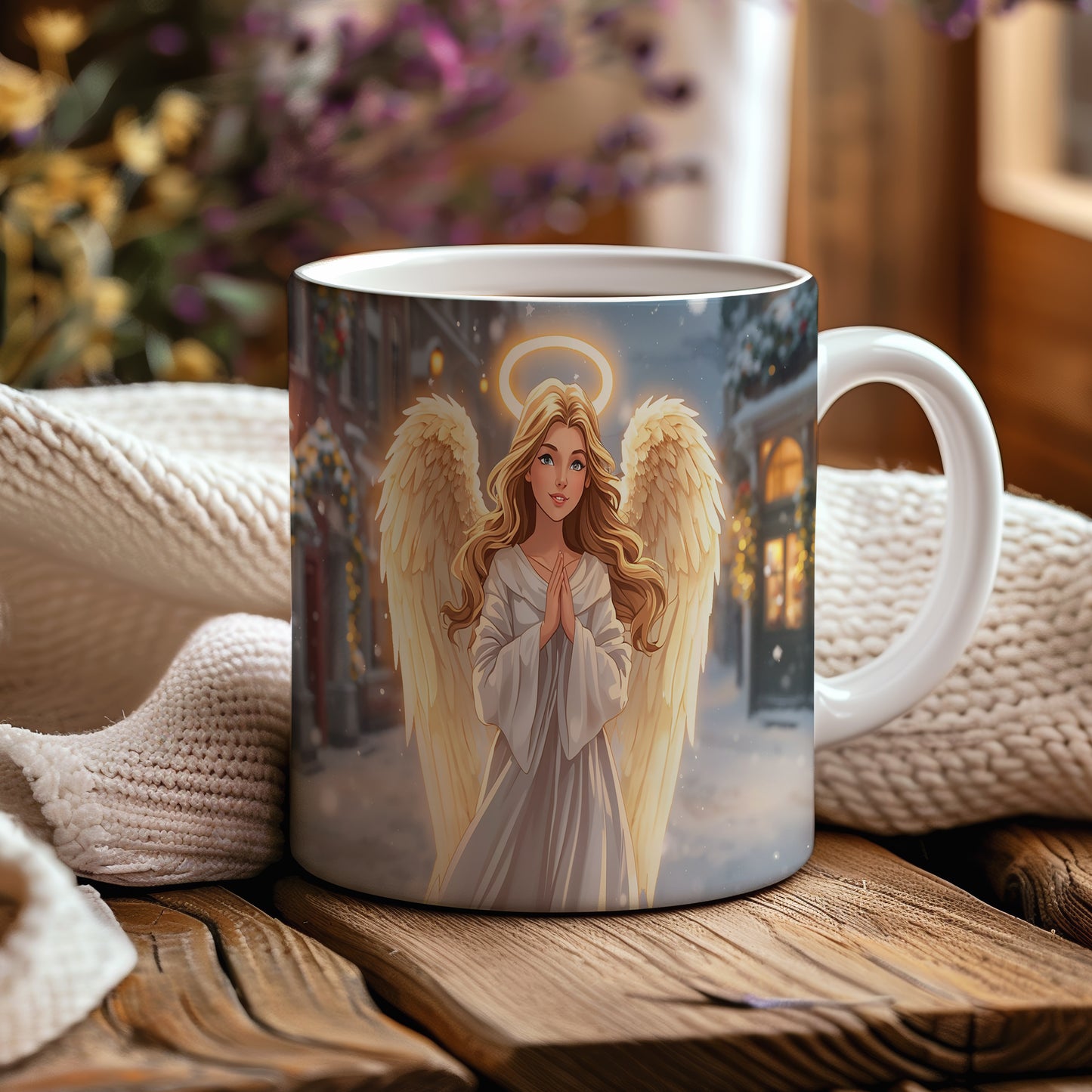 Hrnek s motivem anděla – zářivý zimní večer